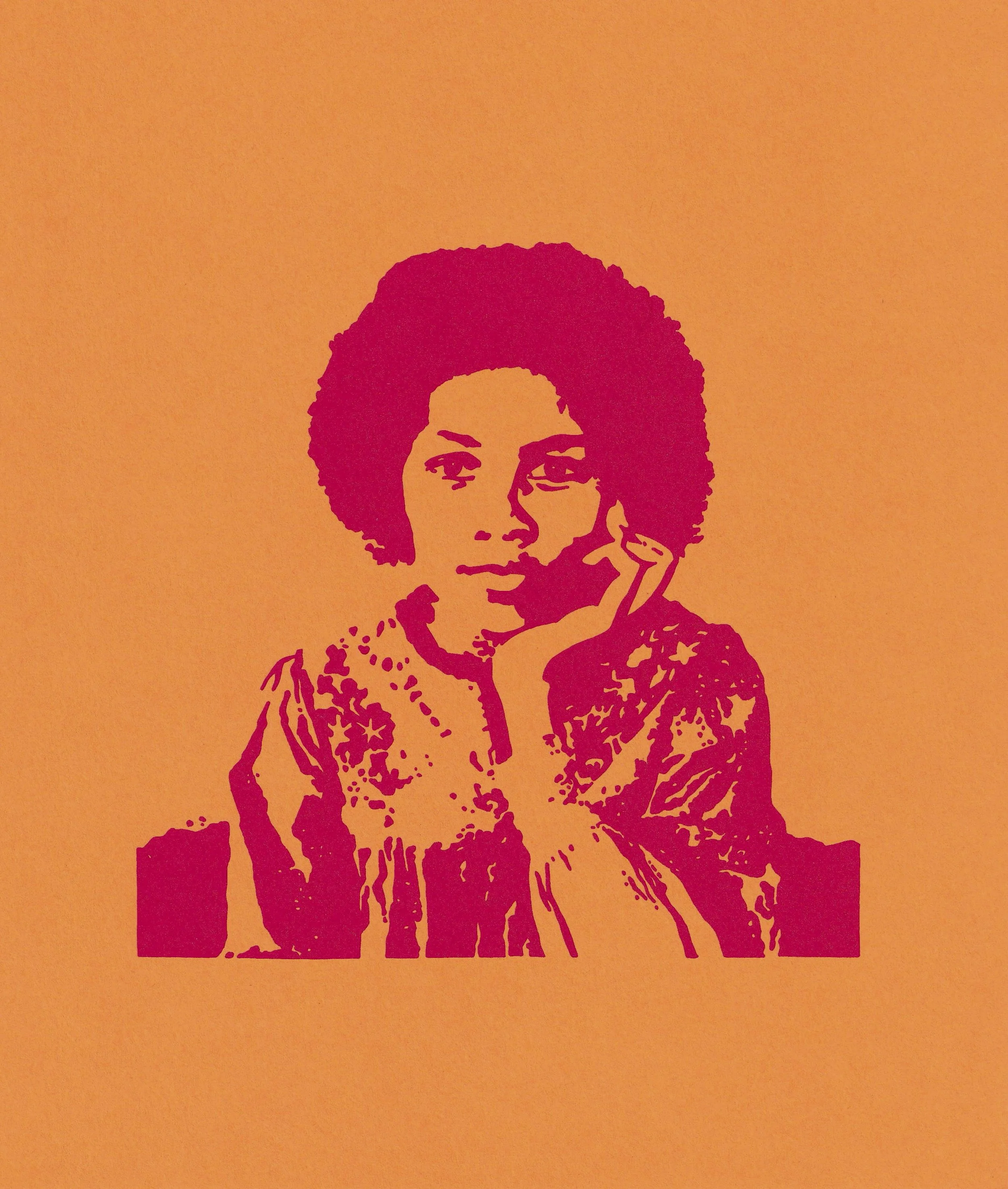 bell hooks drawn by hand (Gold shimmer pink on orange), 2026. Serigraph on paper. Cynthia "Marris" Juárez.