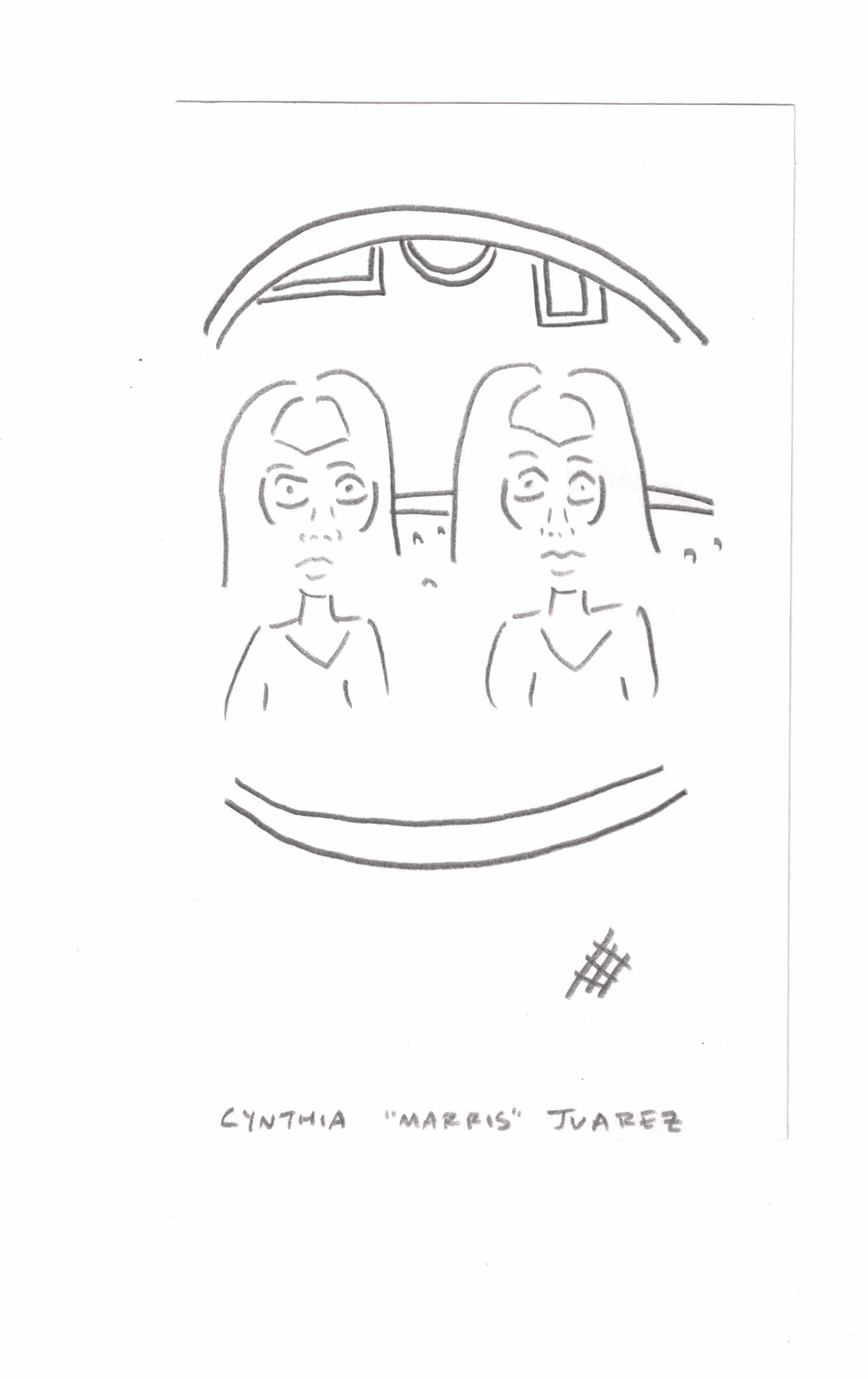 2-minute drawing of self on July 17 2025. Graphite on paper. Cynthia "Marris" Juárez.