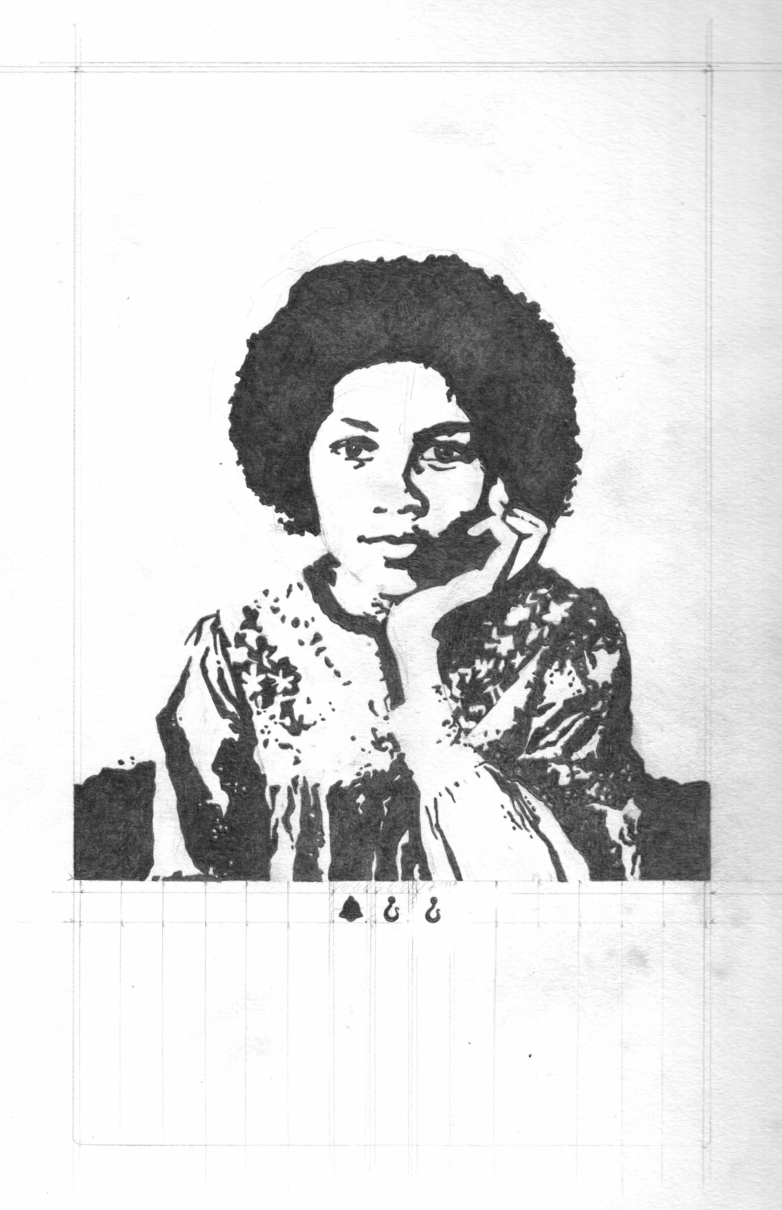 Original drawing of bell books drawn by hand (Used for varied editions printed as serigraphs). Cynthia "Marris" Juárez.