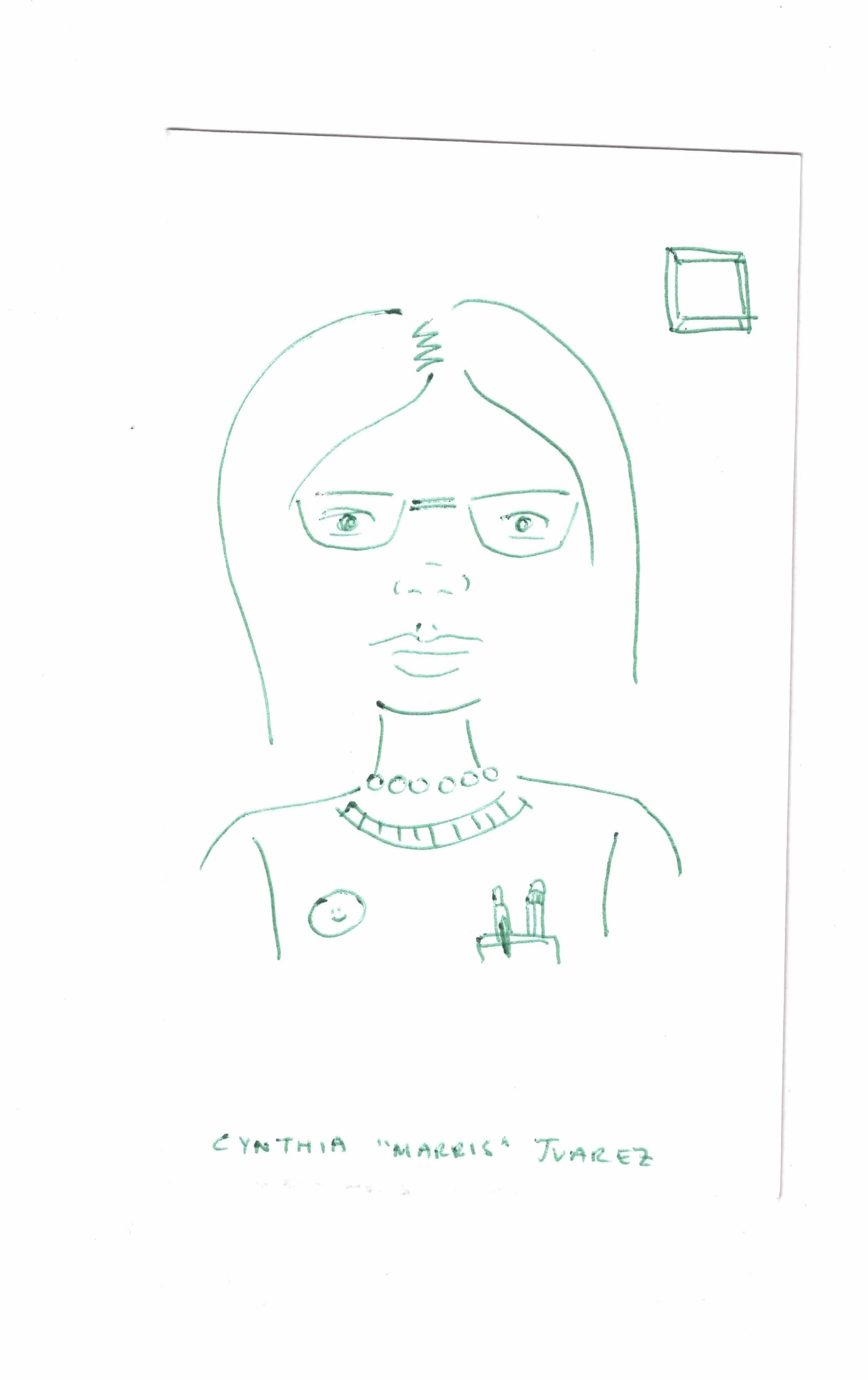 2-minute drawing of self on July 23, 2025. Ink on paper. Cynthia "Marris" Juárez.