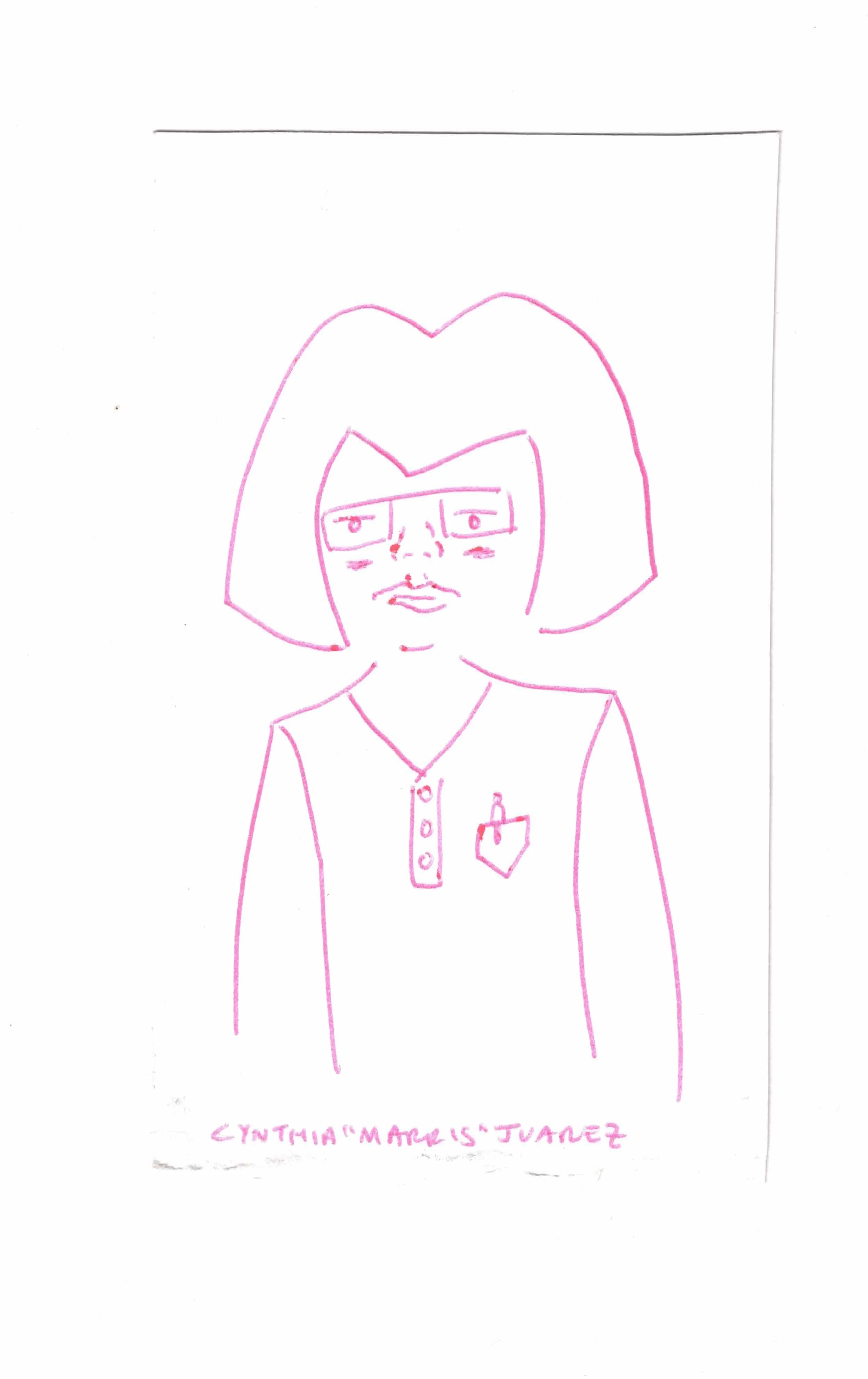 2-minute drawing of self on July 9, 2025. Ink on paper. Cynthia "Marris" Juárez.