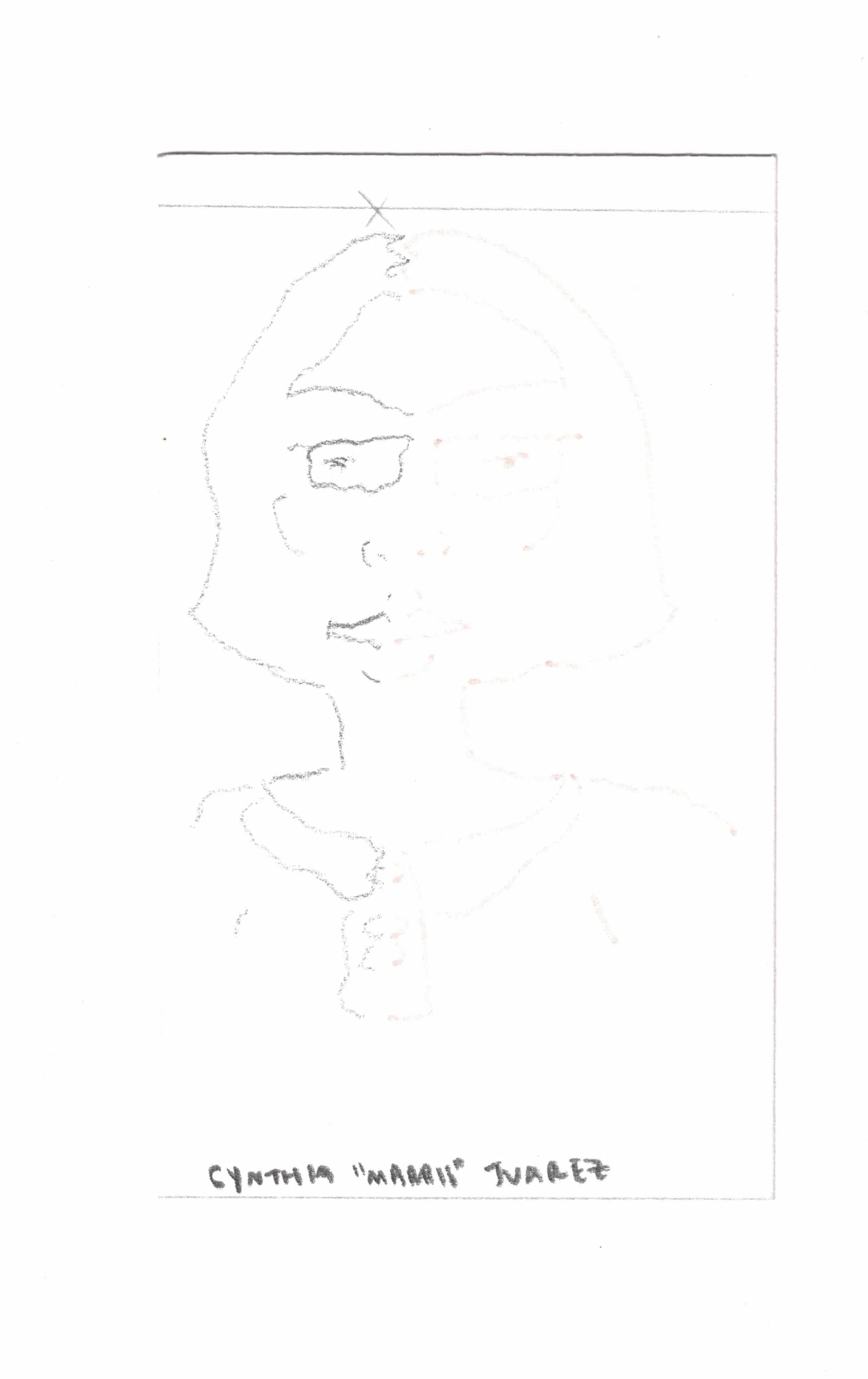2-minute drawing of self on July 7, 2025. Graphite and highlighter on paper. Cynthia "Marris" Juárez.