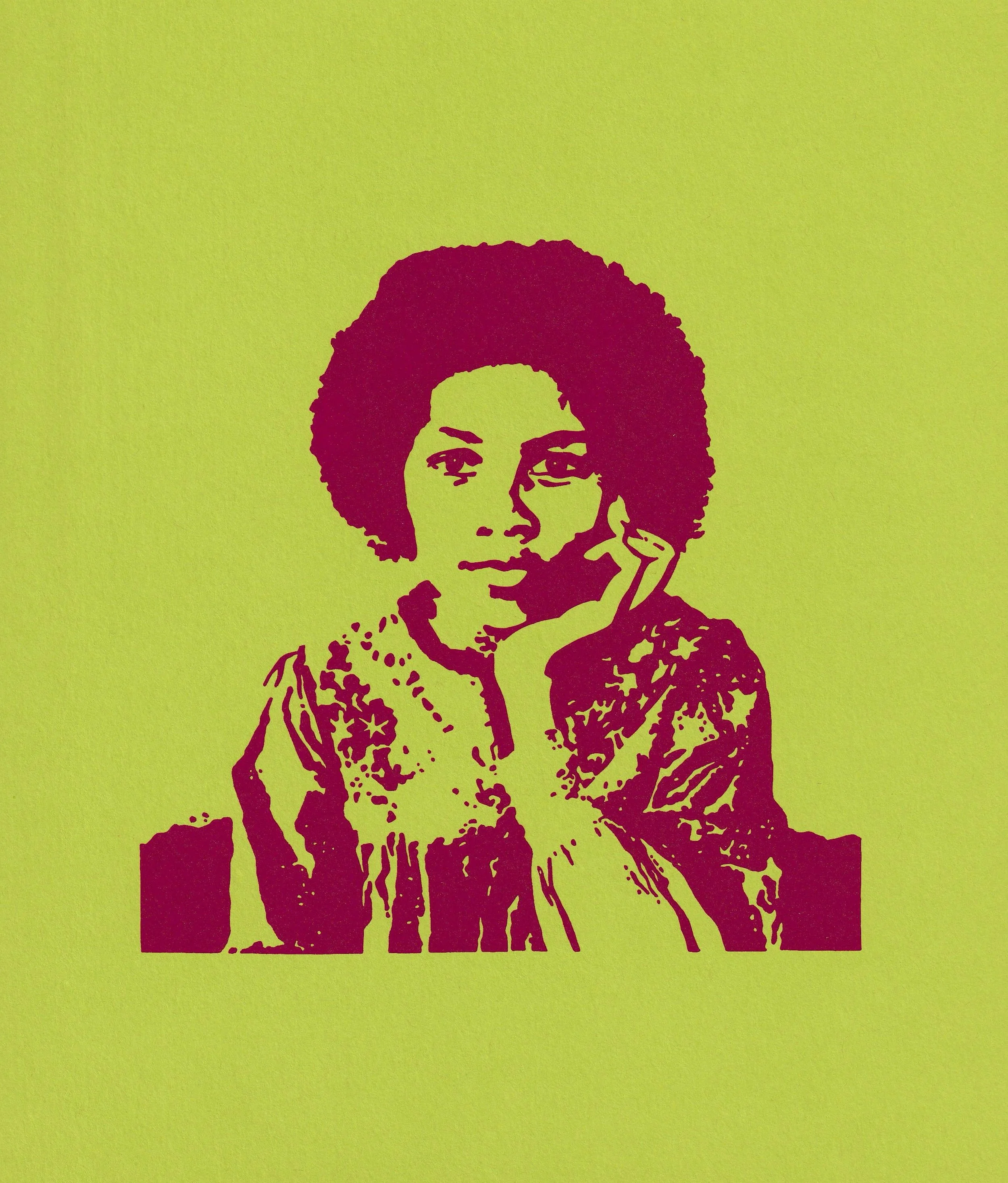 bell hooks drawn by hand (Gold shimmer pink on green), 2026. Serigraph on paper. Cynthia "Marris" Juárez.