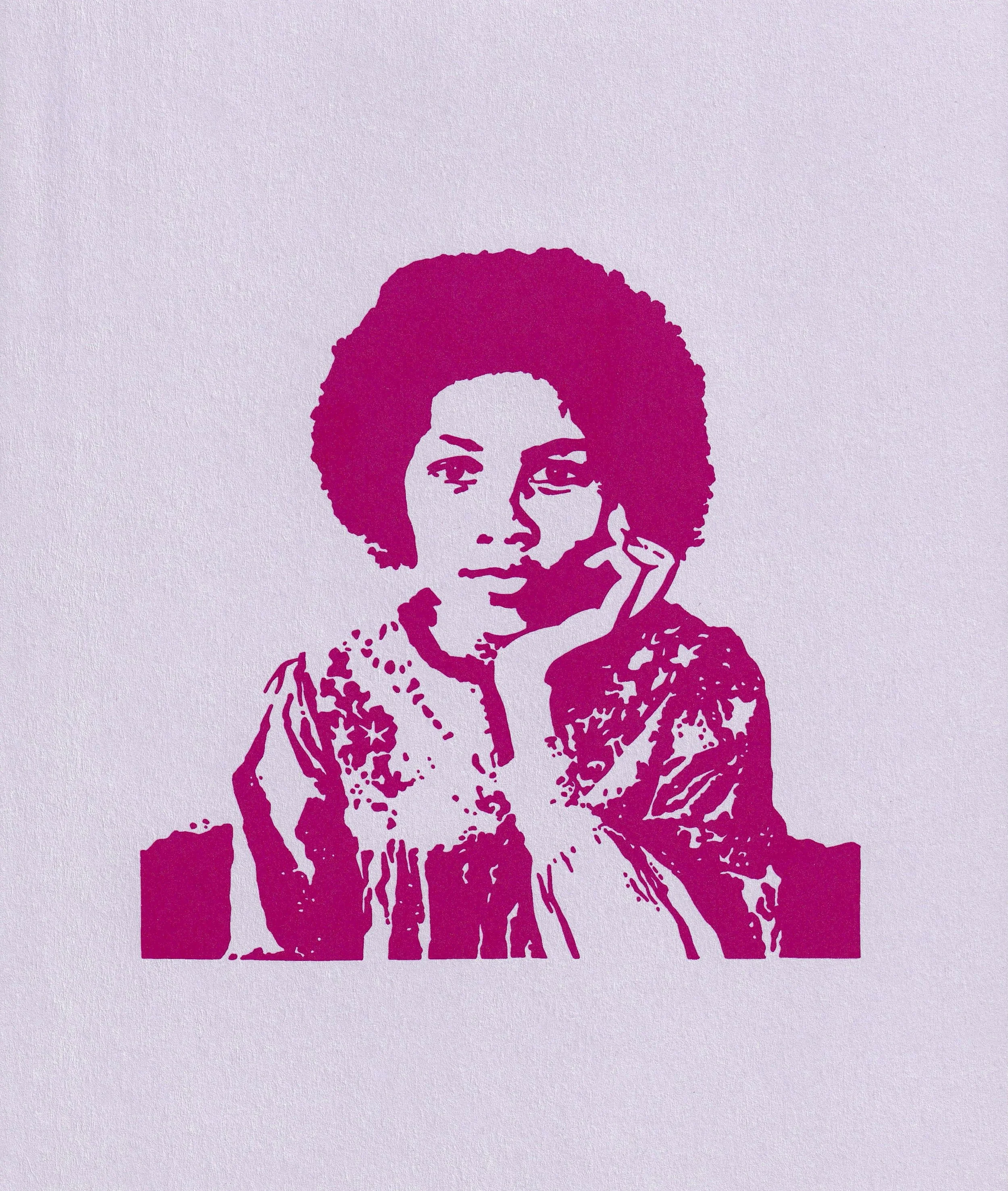 bell hooks drawn by hand (Gold shimmer pink on purple), 2026. Serigraph on paper. Cynthia "Marris" Juárez.