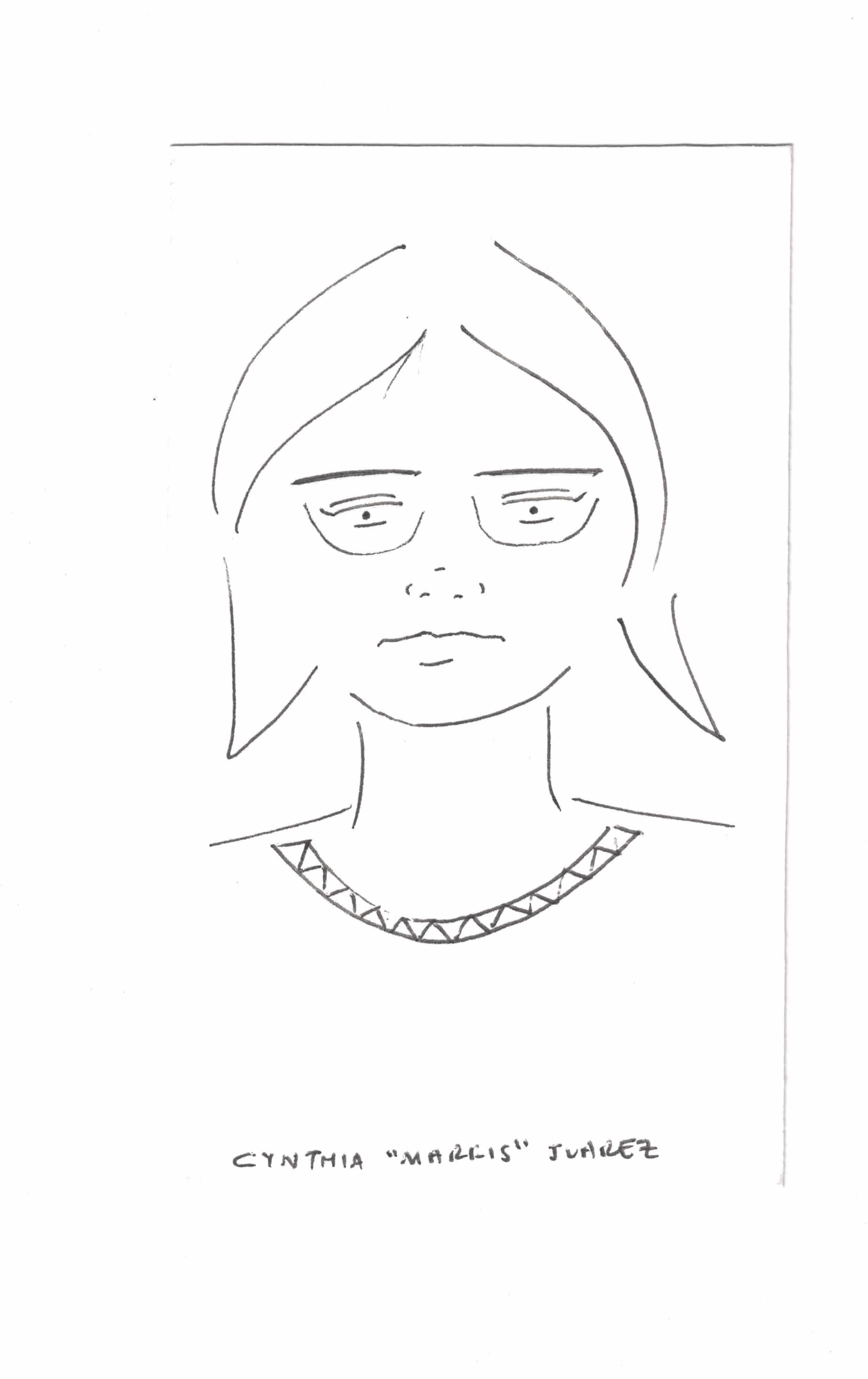 2-minute drawing of self on July 16, 2025. Ink on paper. Cynthia "Marris" Juárez.