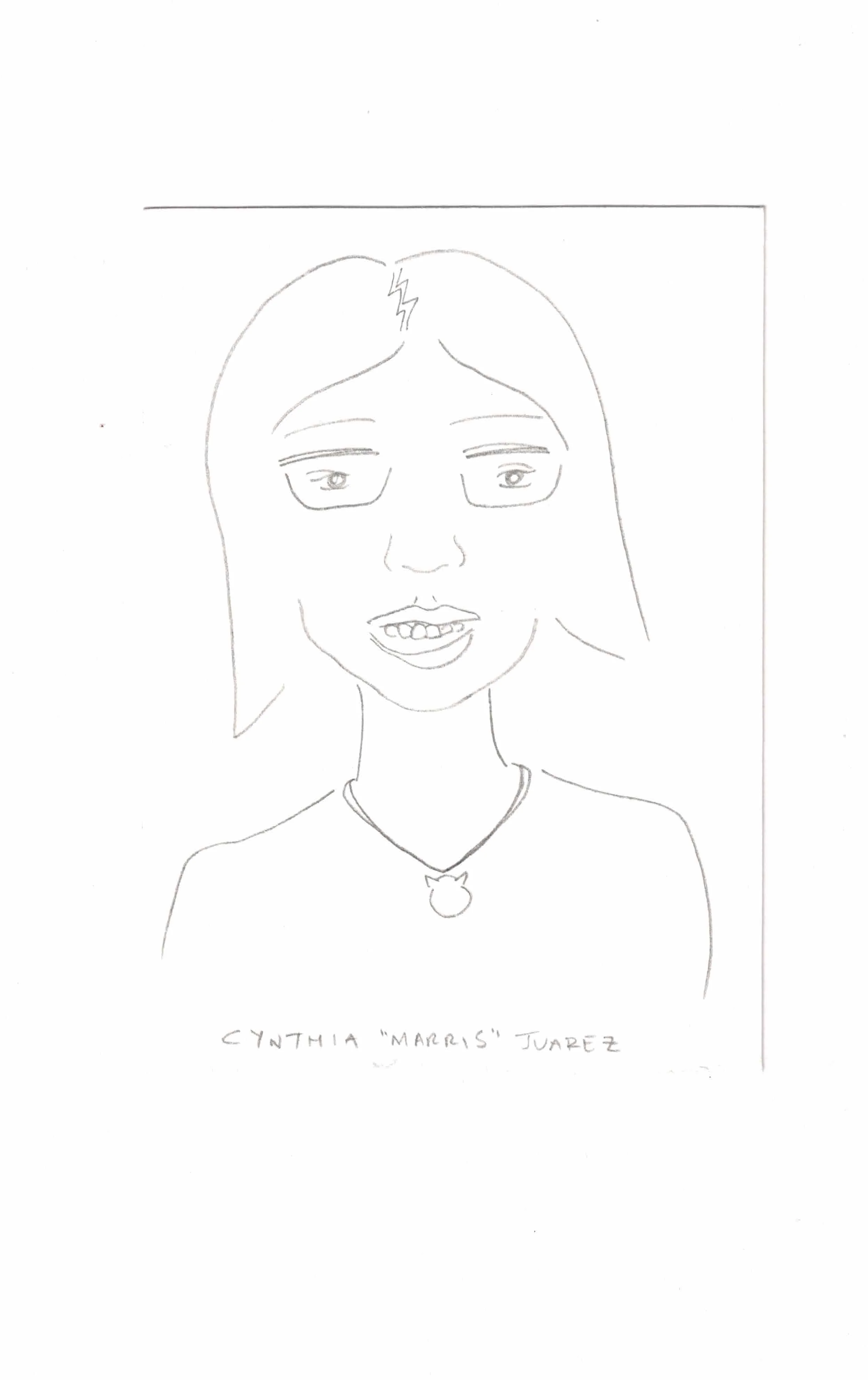 2-minute drawing of self on July 10, 2025. Graphite on paper. Cynthia "Marris" Juárez.