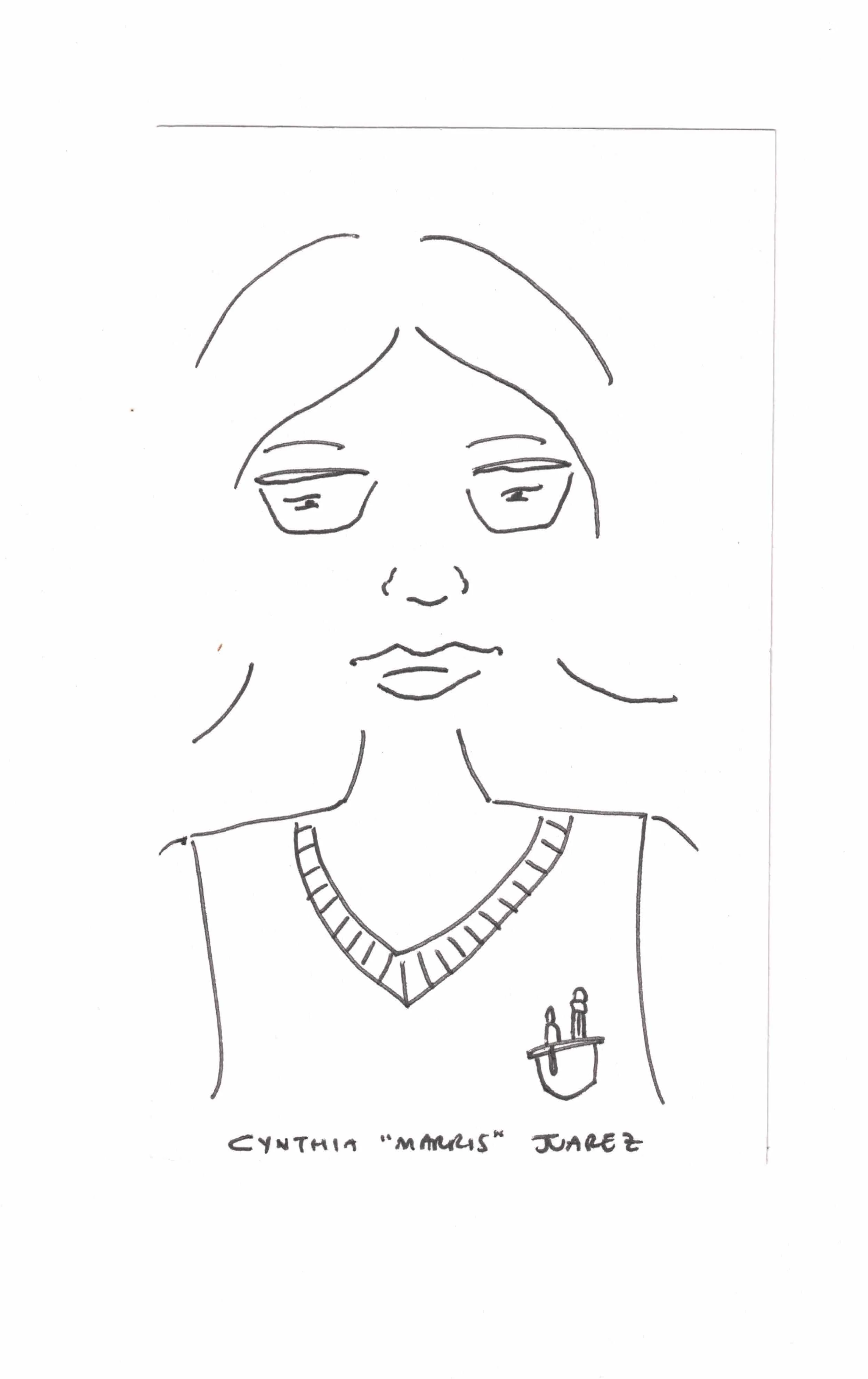 2-minute drawing of self on July 14, 2025. Ink on paper. Cynthia "Marris" Juárez.