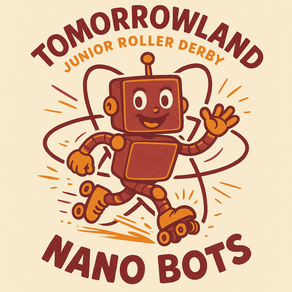 A cartoon robot roller skating and waving, promoting the Tomorrowland Junior Roller Derby NANO Bots.