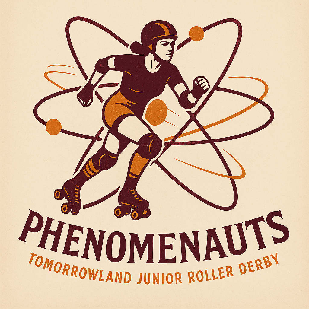 A vintage-style illustration of a female roller derby skater wearing a helmet, knee pads, and roller skates, surrounded by stylized atomic orbits, with the text "PHENOMENAUTS" and "TOMORROWLAND JUNIOR ROLLER DERBY" below.