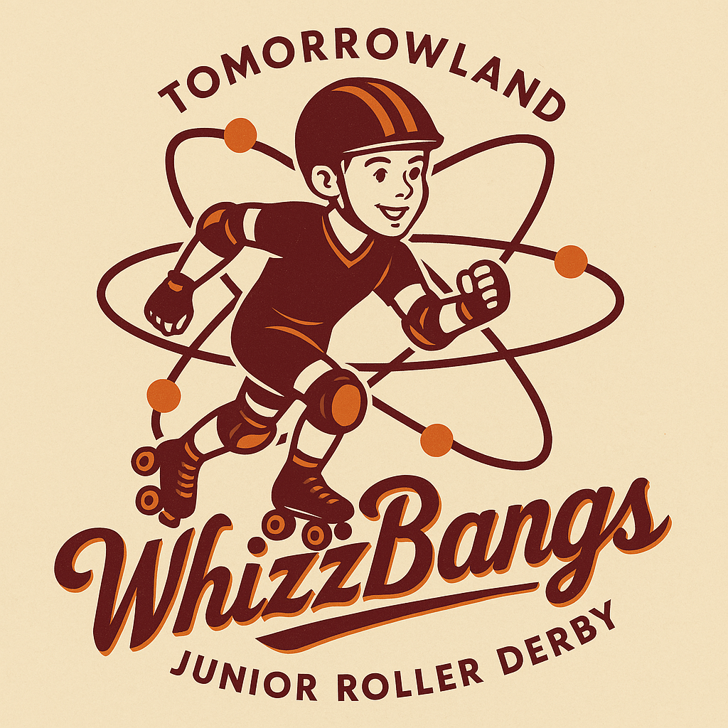 A vintage-style poster of a young boy roller skating, wearing a helmet and sports outfit, with orbit-like lines and orange dots around him, promoting the WhizzBangs Junior Roller Derby team.