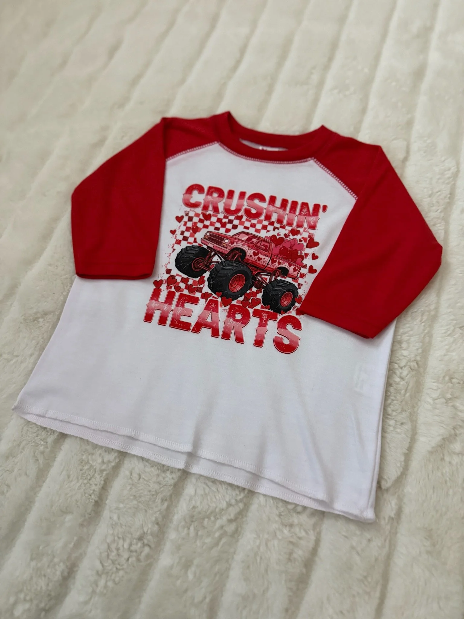 Crushin’ Hearts Monster Truck Valentine Shirt – Baby Raglan Tee