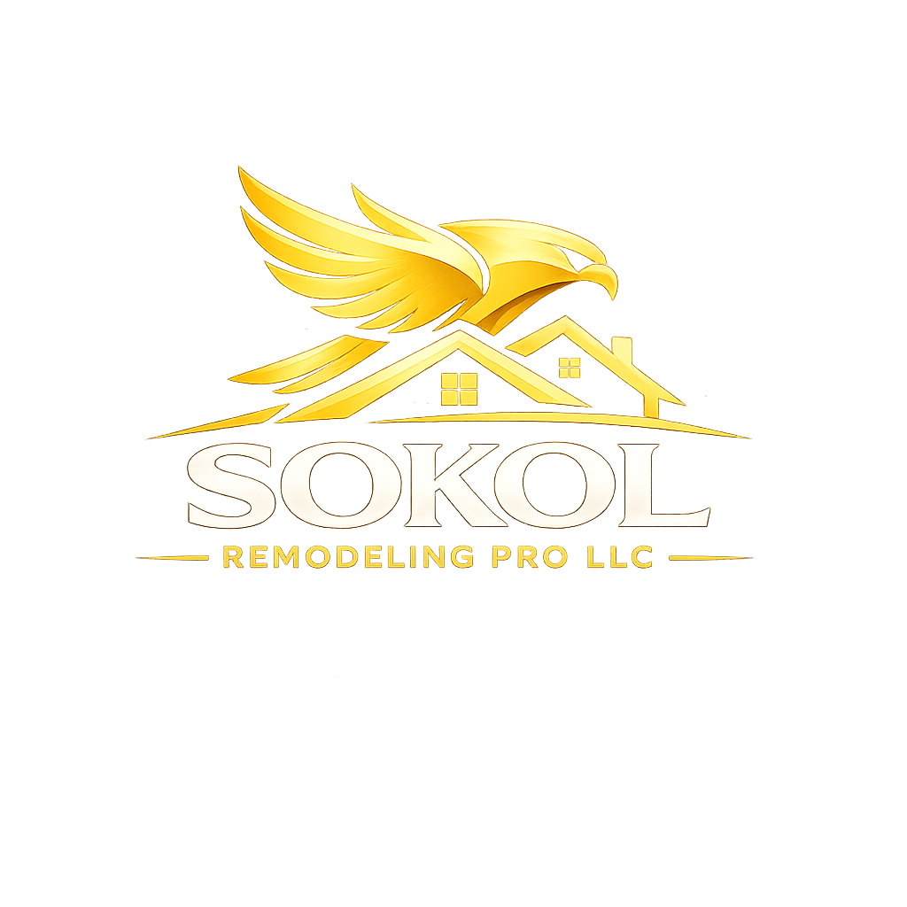 Logo for Sokol Remodeling Pro LLC featuring a golden eagle with wings spread above a house with a gabled roof.