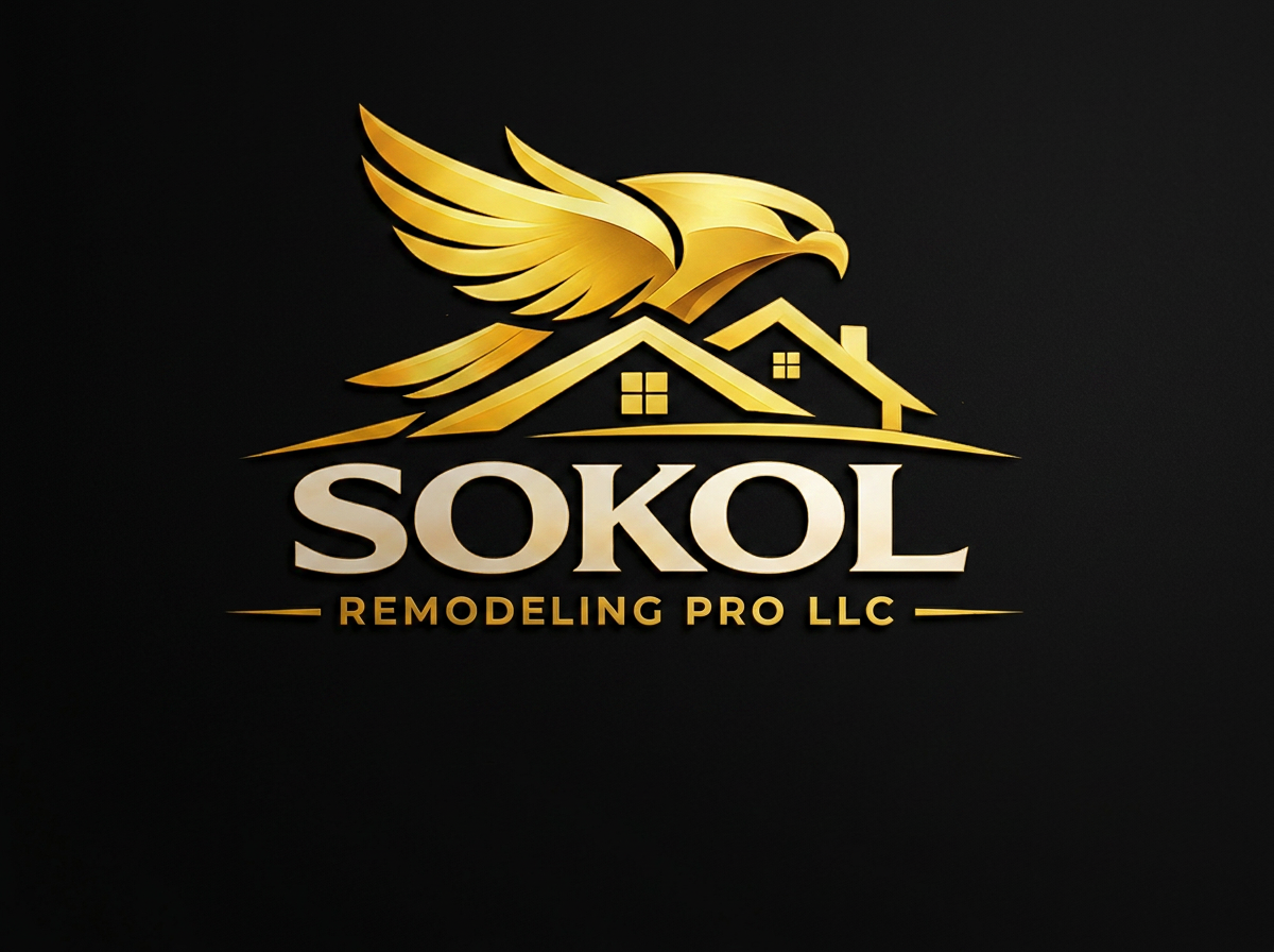 Gold logo for Sokol Remodeling Pro LLC featuring a stylized eagle over a house, with the company name and slogan.