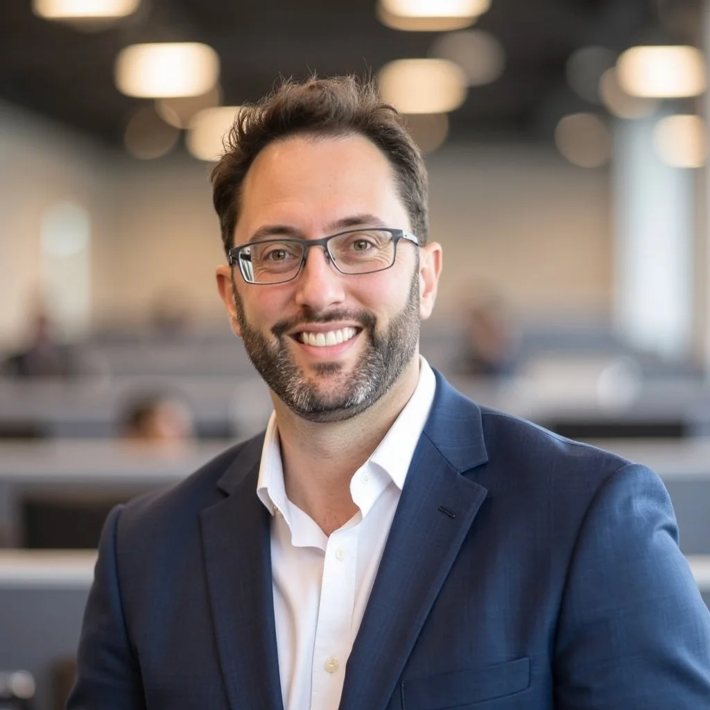 A smiling man with glasses and a beard wearing a navy blazer and white shirt in an office setting.