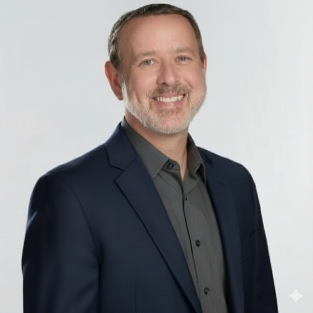 A smiling man with gray hair and a beard, wearing a dark blue blazer over a dark gray shirt, standing against a plain white background.