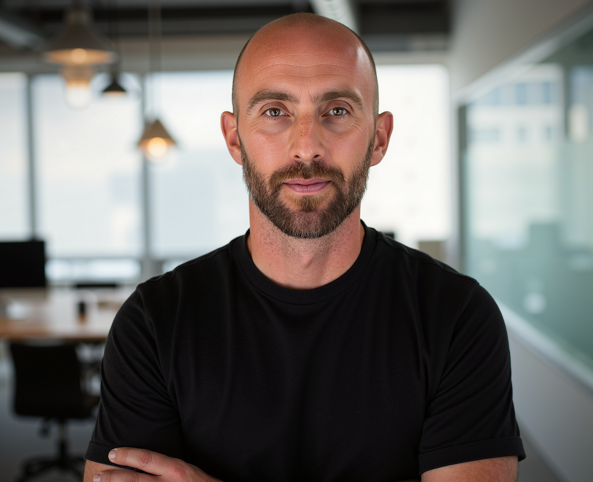 Close-up of a smiling man with a bald head and beard, wearing a black t-shirt, in a bright modern office.