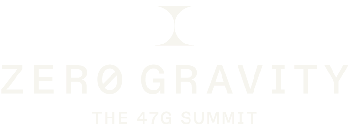 Logo for Zero Gravity, The 47G Summit, featuring a stylized hourglass shape above the text.