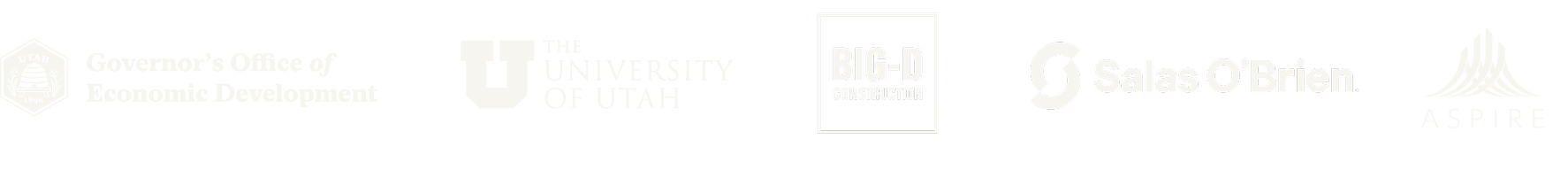 Logos of various organizations and companies on a black background, including Governor's Office of Economic Development, The University of Utah, BIG-D Construction, Salas O'Brien, and Aspire.