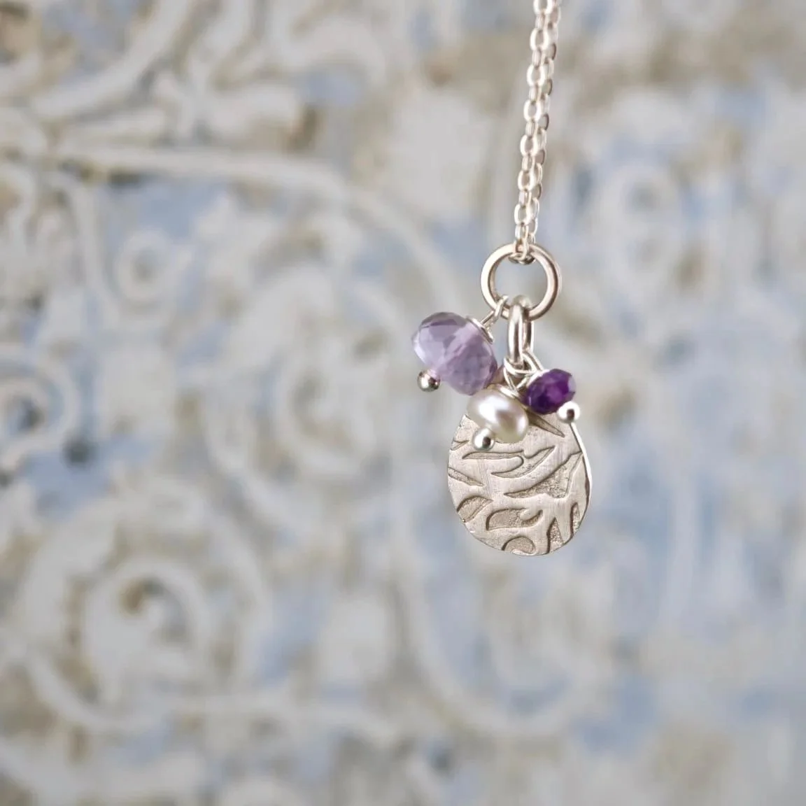 Silver Teardrop Pendant with Amethysts and a Freshwater Pearl