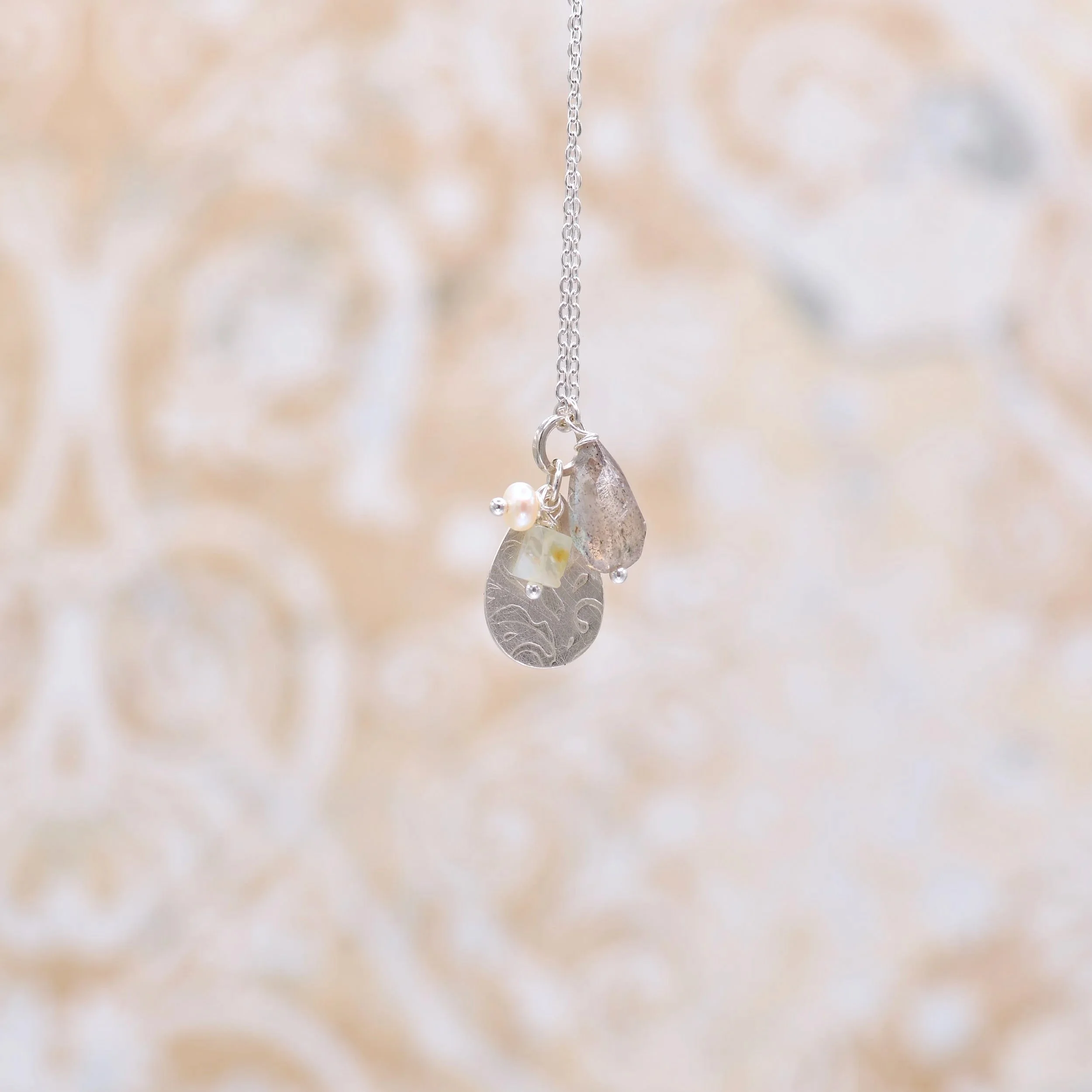 Teardrop Silver Pendant with Labradorite, Peruvian Opal and Pearl