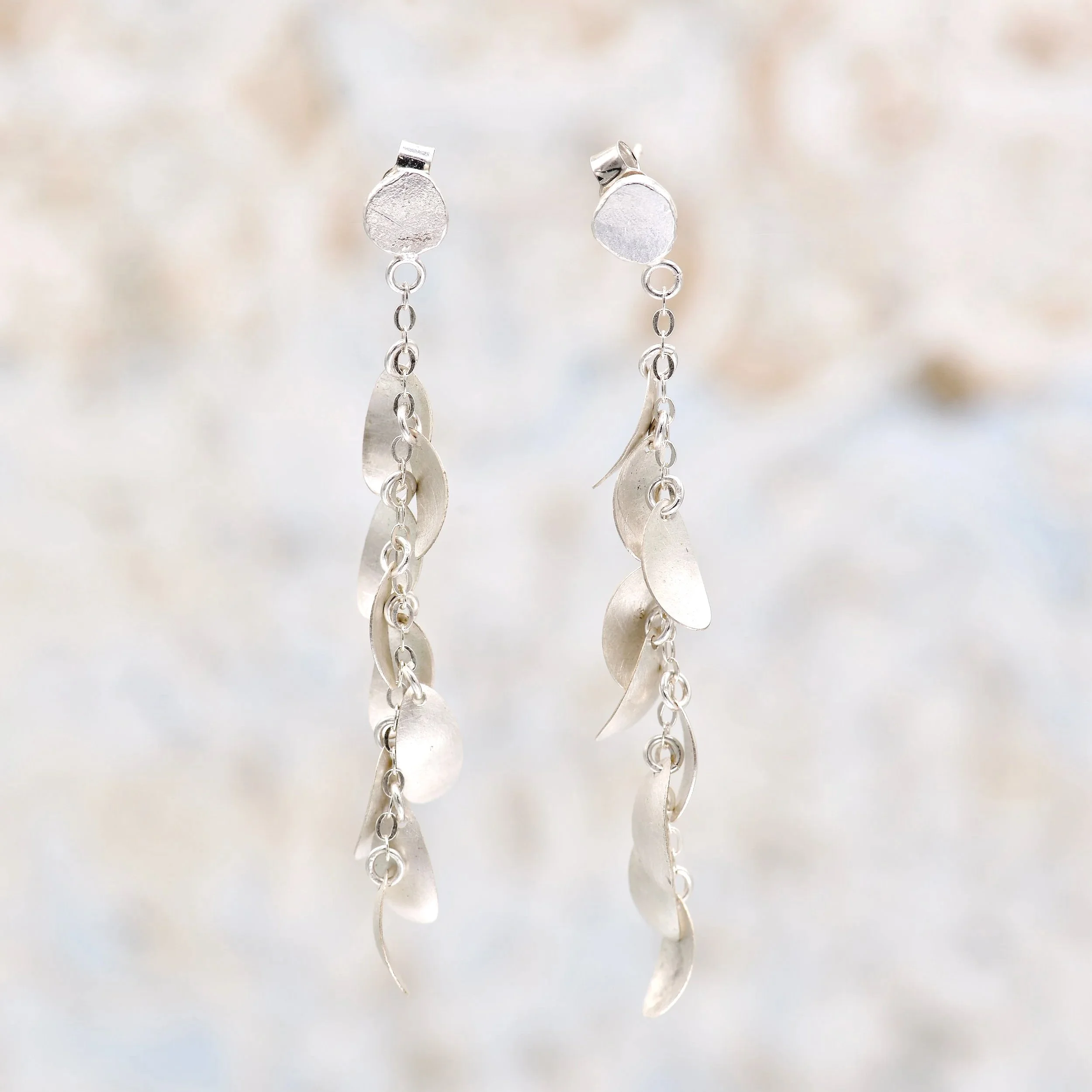 Silver Oval Petal Drop Earrings