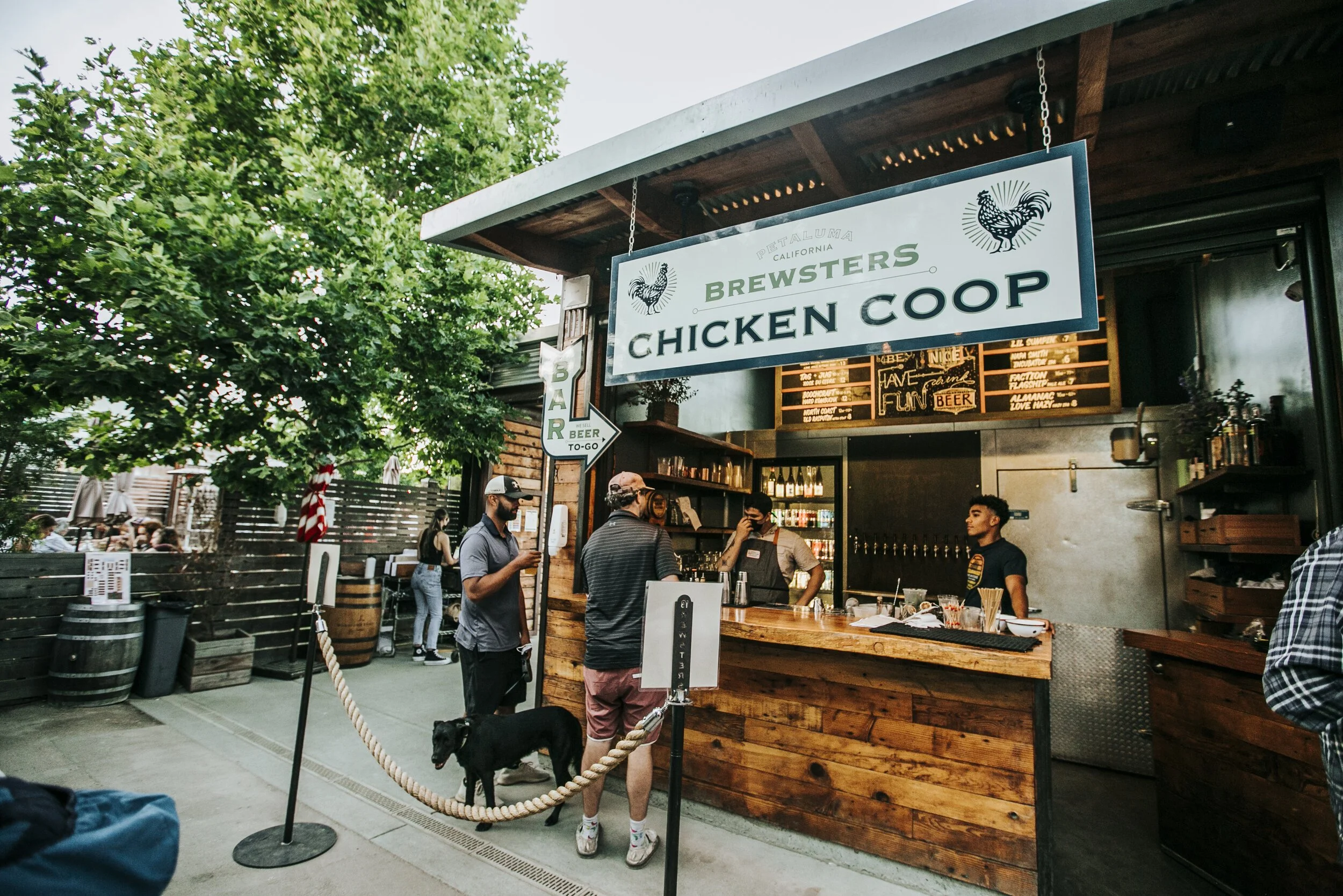 Customers at Brewsters Chicken Coop food stand with a sign reading 'Brewsters Chicken Coop', a tree, and outdoor seating area.