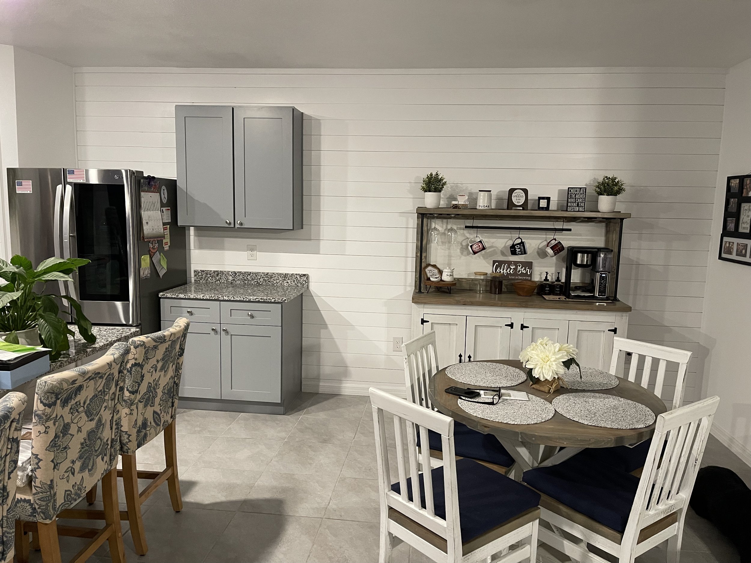 shiplap wall put up in kitchen/dinning area