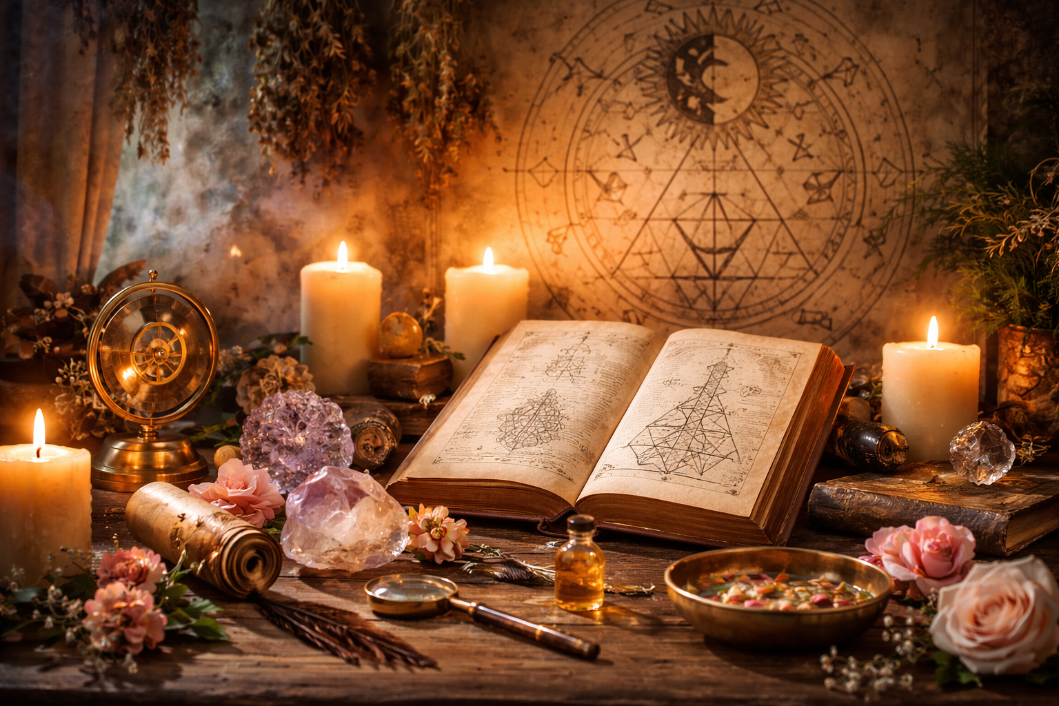 Mesa de trabajo con varios objetos esotéricos, incluyendo una biblia abierta con símbolos, velas encendidas, cristales, plantas, un diario, instrumentos antiguos, y un mural con un pentagrama y símbolos astrales.