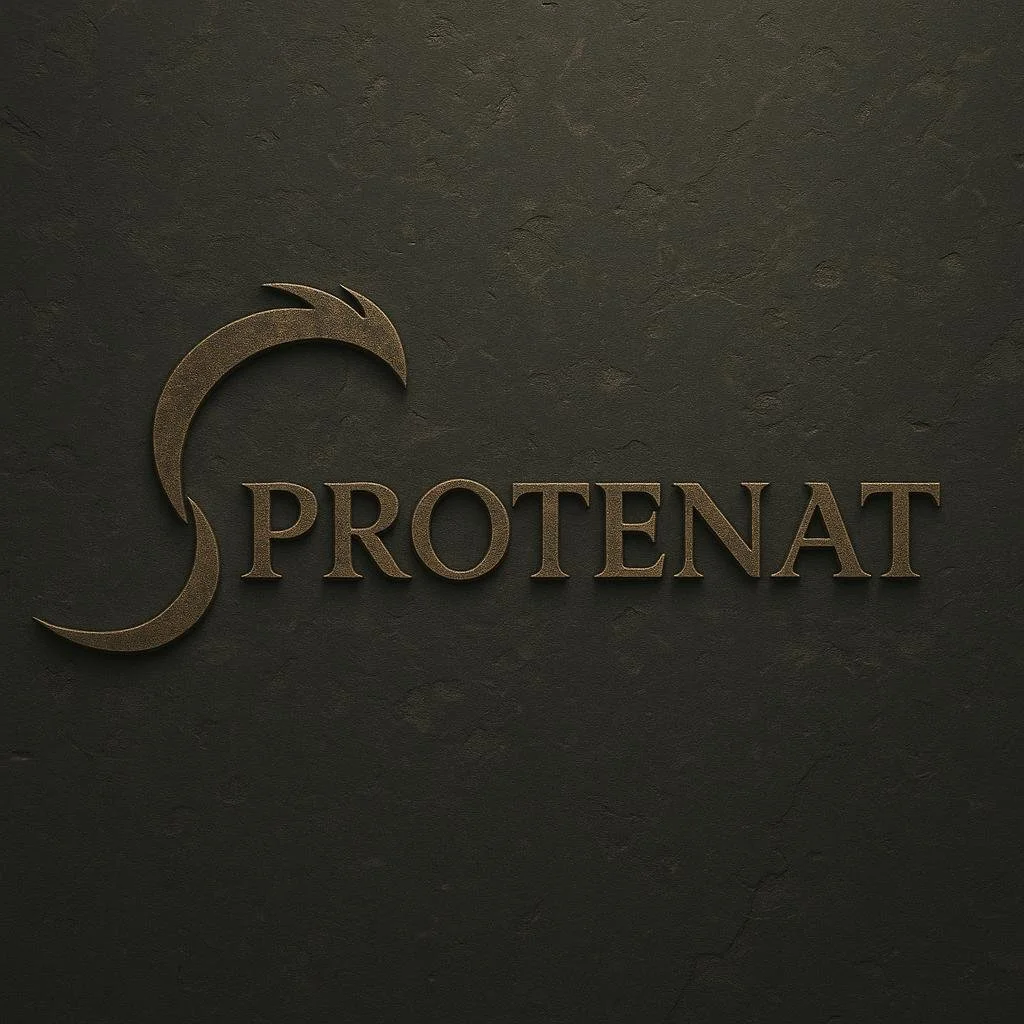 Logotipo en bronce con la palabra 'PROTENAT' y un símbolo que parece una luna estilizada, en una pared de color oscuro.
