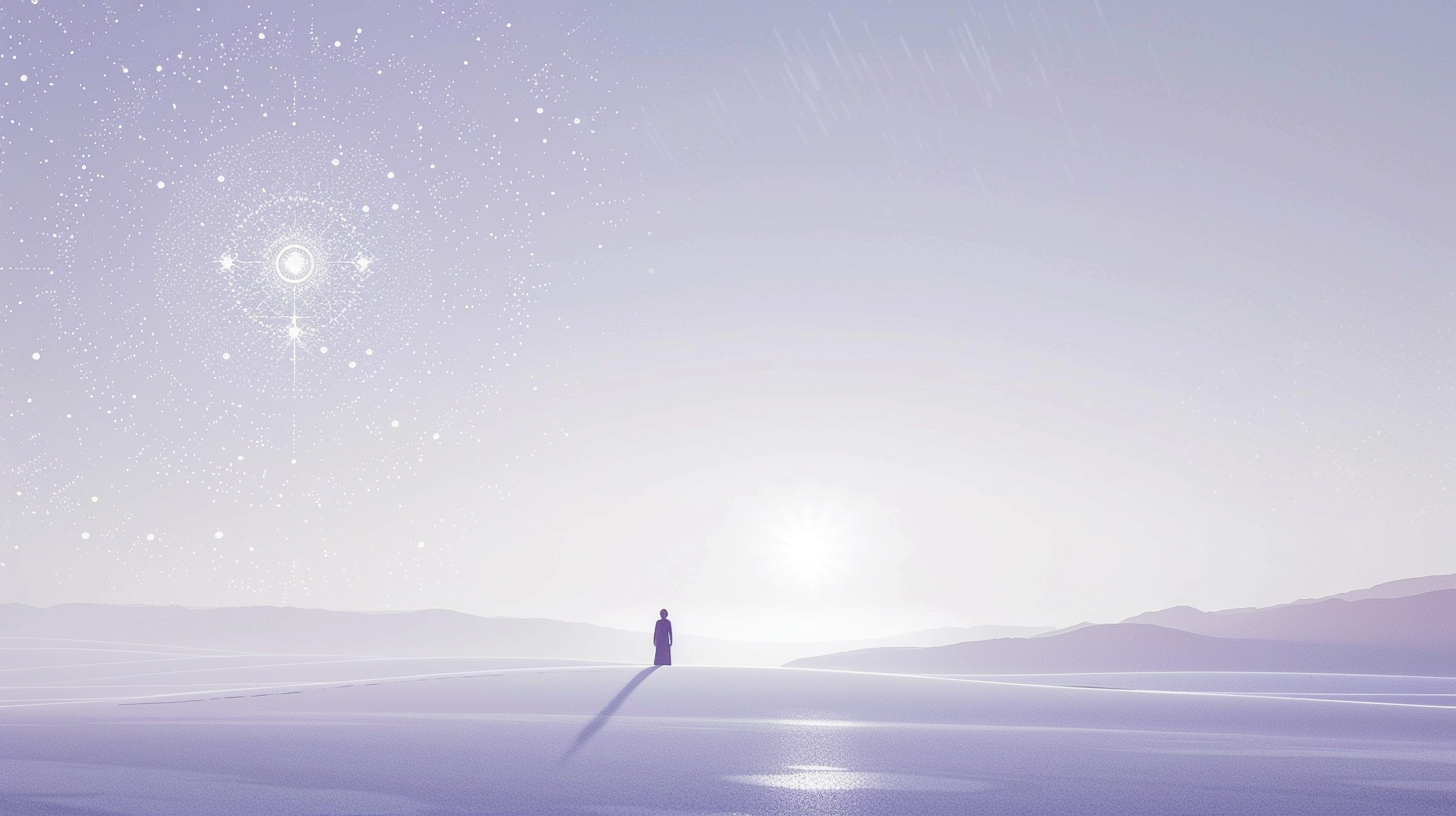 Persona en paisaje nevado, símbolo de introspección y búsqueda espiritual en ALQHAR