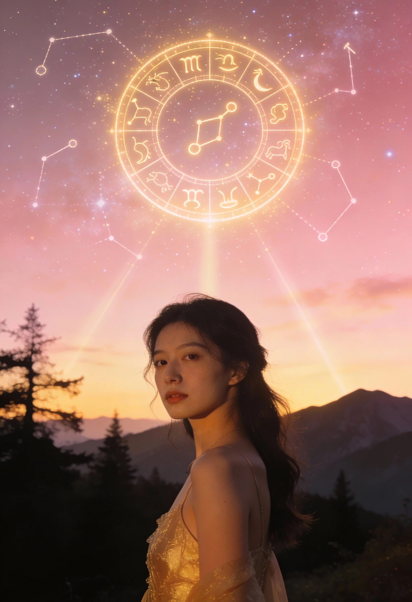 Una mujer con cabello largo y oscuro de espaldas y rostro parcialmente visible, en un paisaje montañoso al atardecer, con un cielo que muestra un sistema solar zodiacal y constelaciones en un efecto digital brillante.