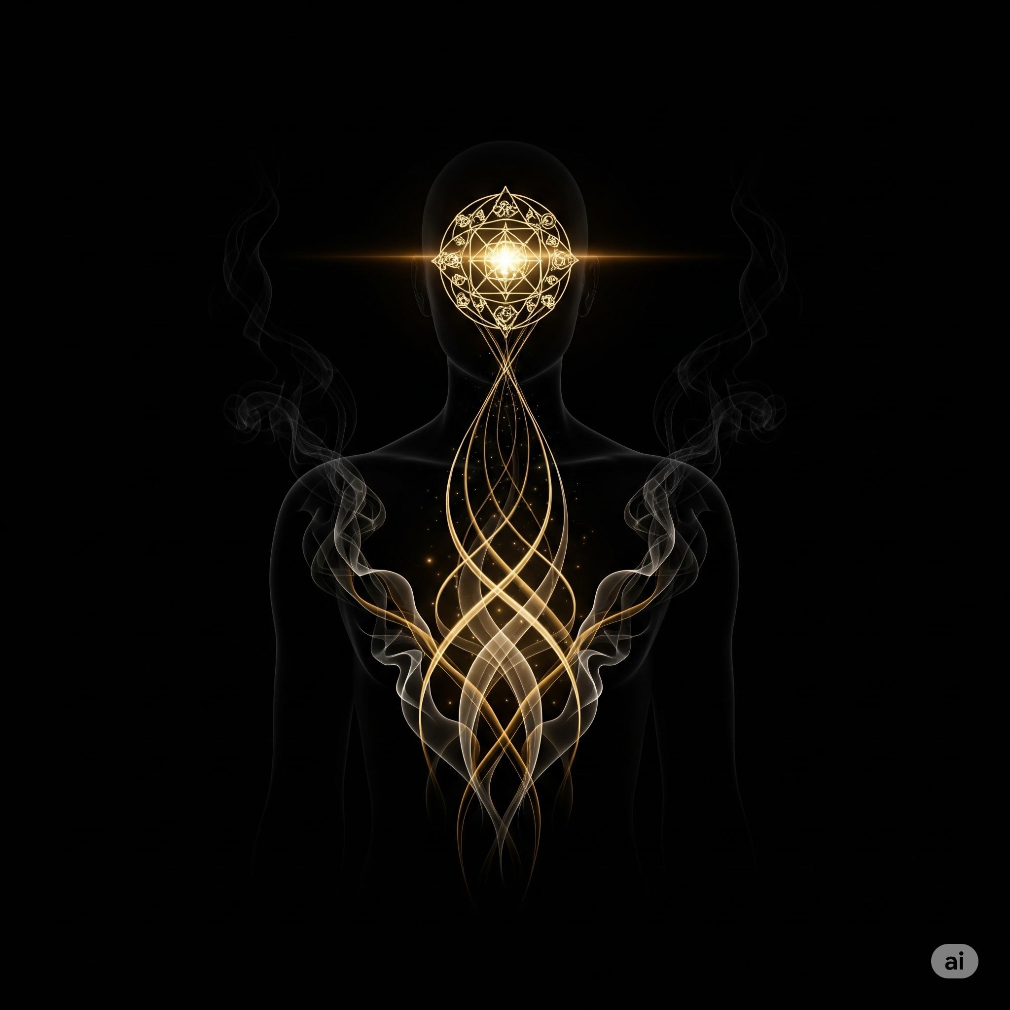 Figura humana mística con geometría dorada, símbolo de conexión cósmica en ALQHAR