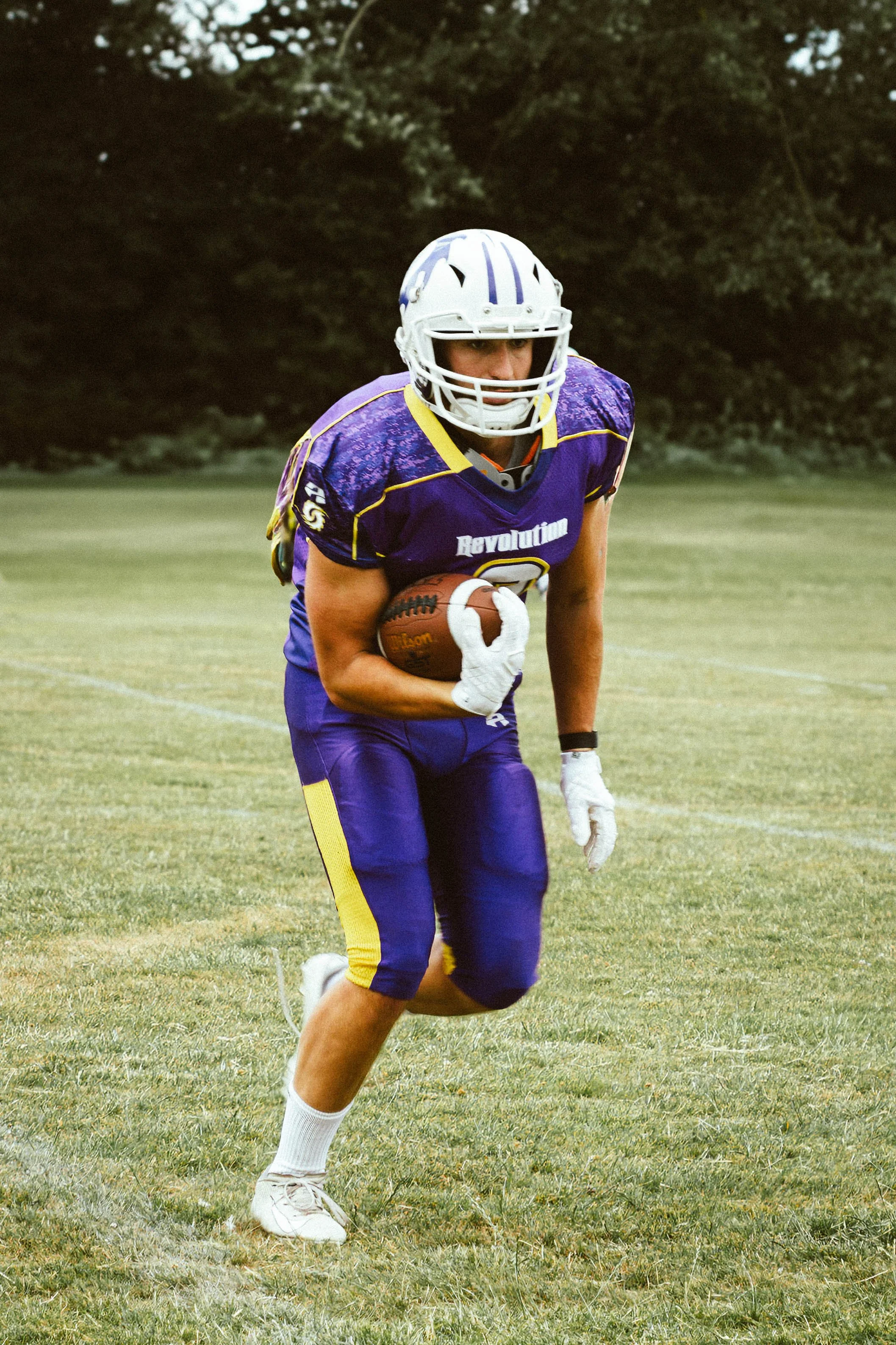 A football player in a purple and yellow uniform holding a football on a grassy field.