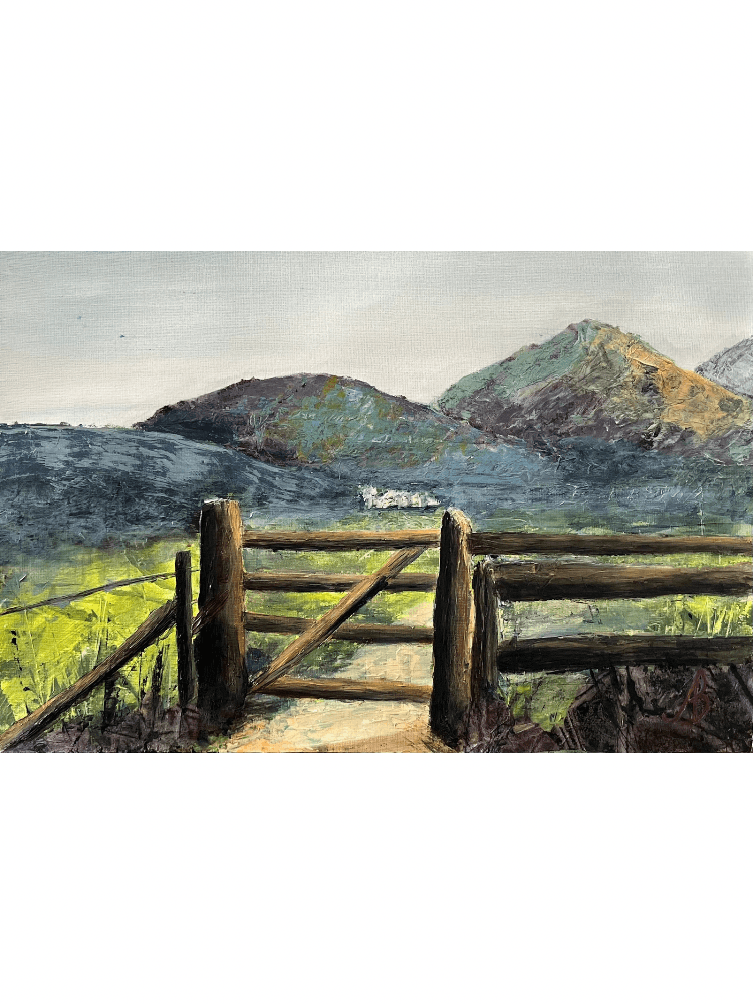 Abstract landscape painting Through the Gate with rural gate and hills by Andrew Bowers
