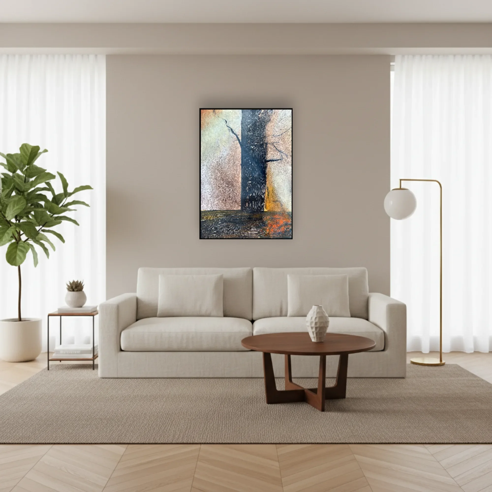 After The Burn abstract landscape painting displayed in a modern interior