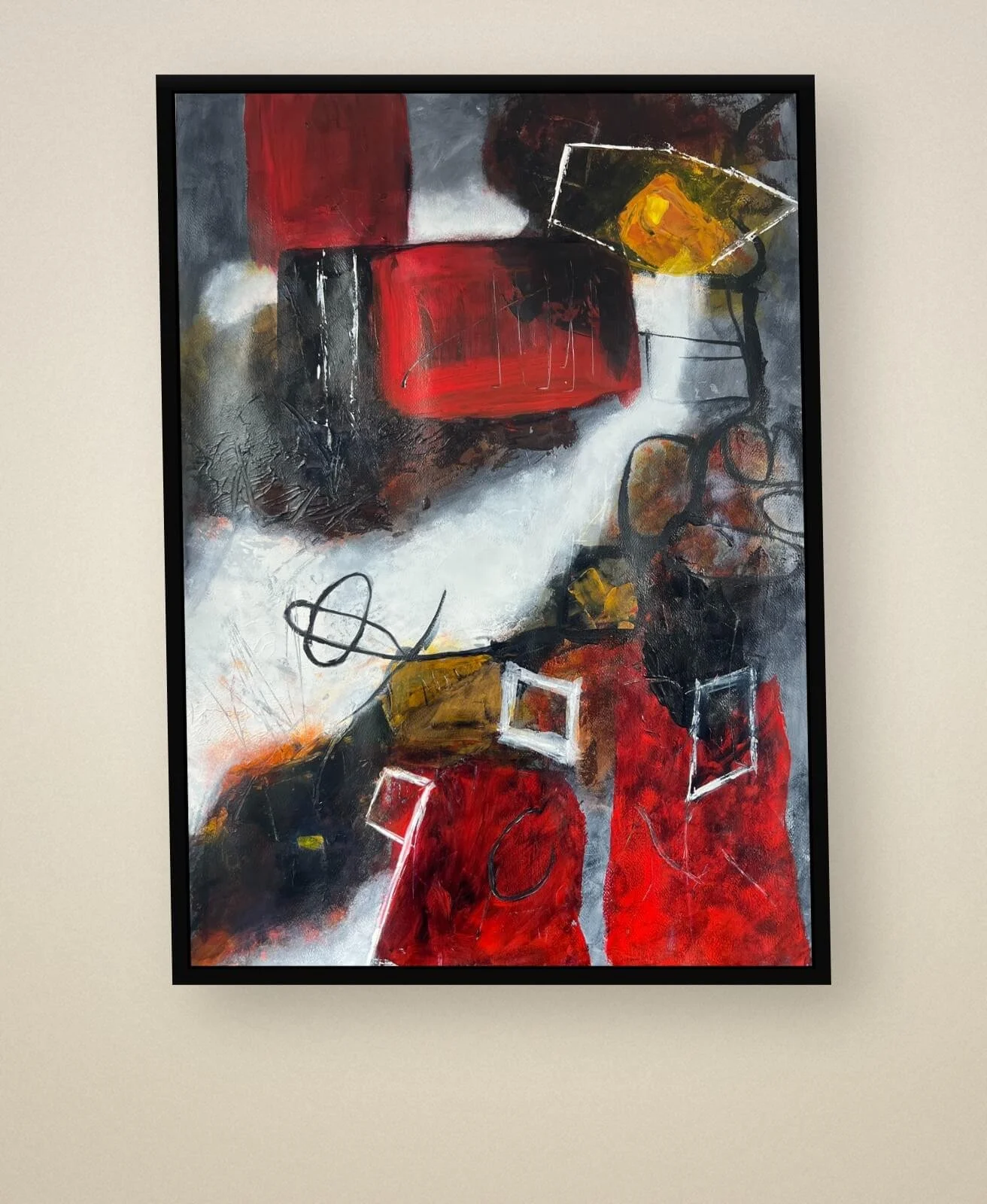Held in Red presented in a contemporary black floating frame