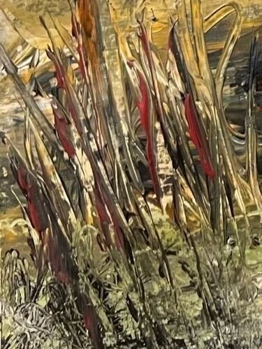 Standing Ground landscape painting by Andrew Bowers showing expressive textured brushwork and grasses in Yorkshire moorland scene