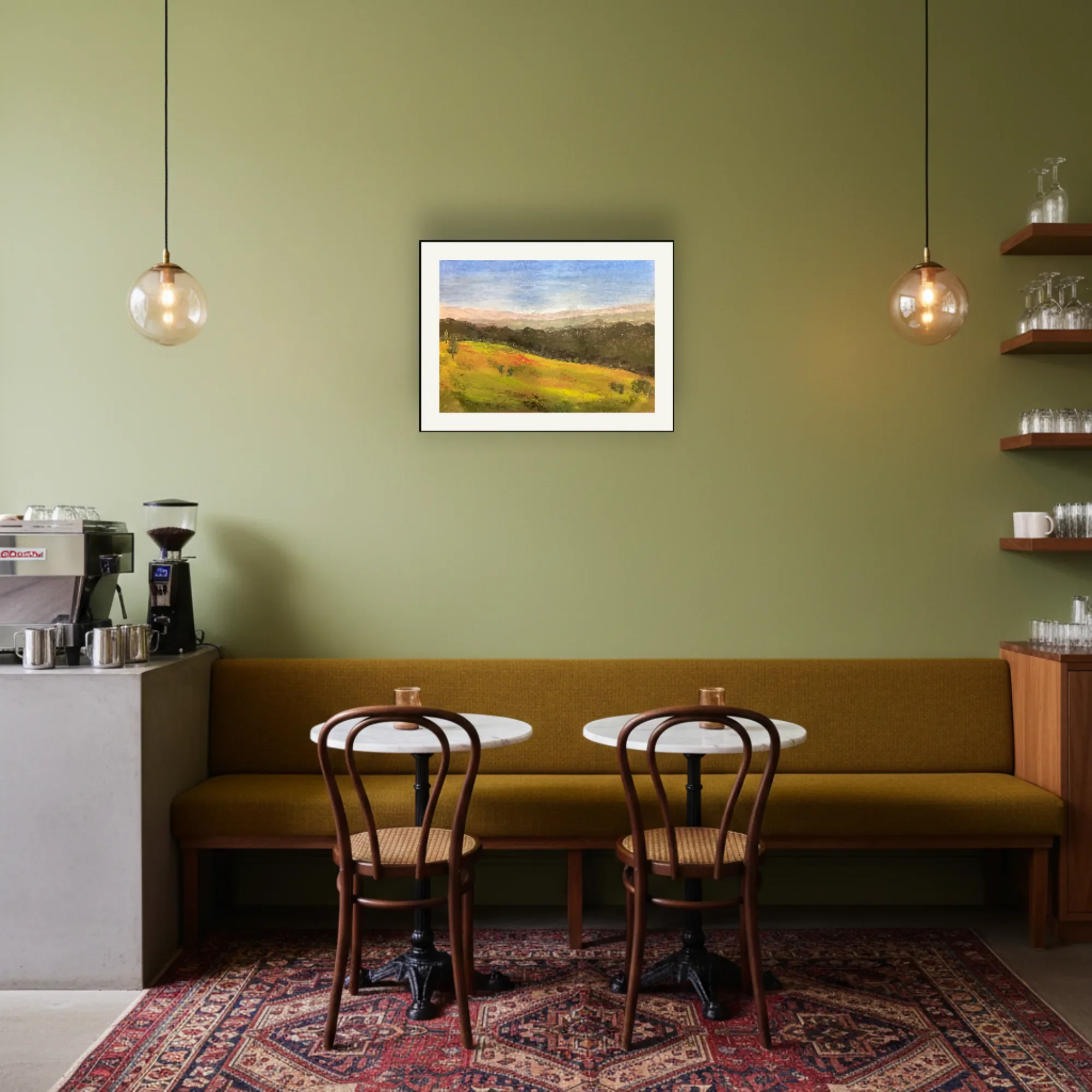 Held Light displayed in a calm contemporary café or restaurant interior