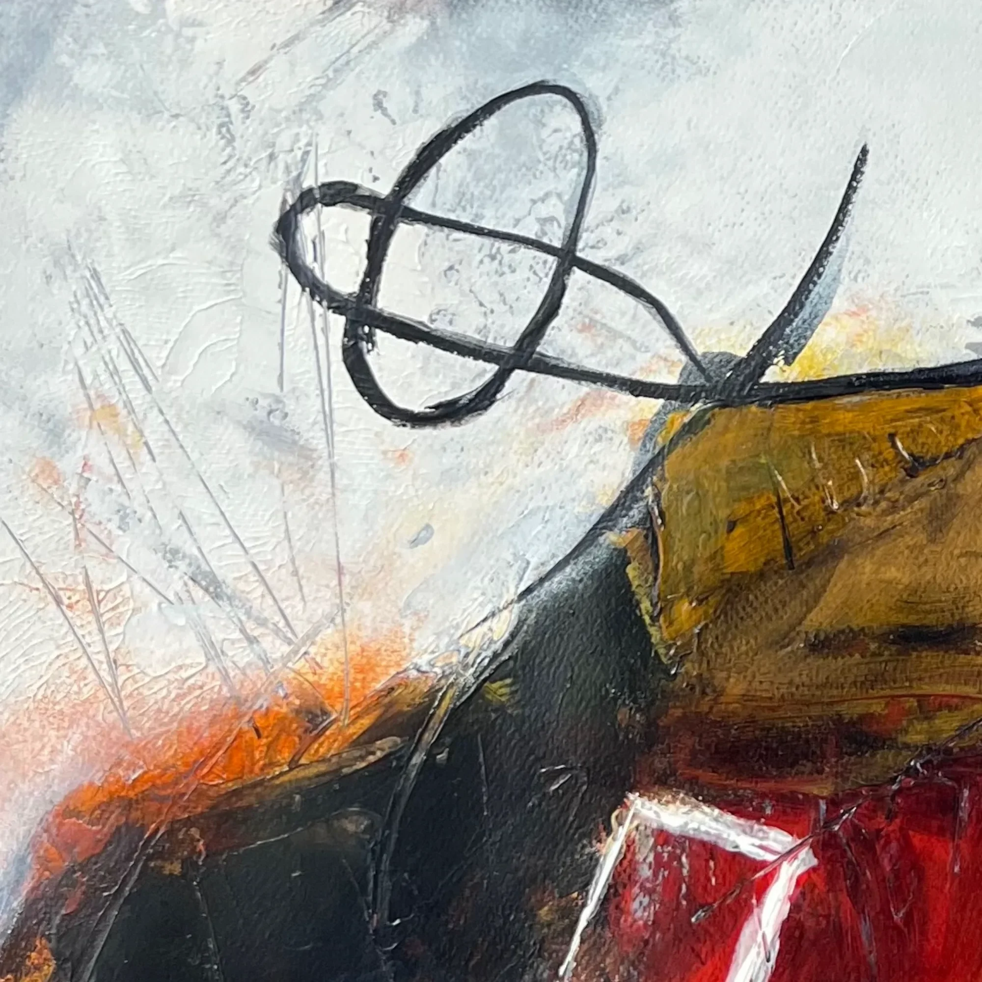Close-up of the contrasting white diagonal and atmospheric greys in Held in Red
