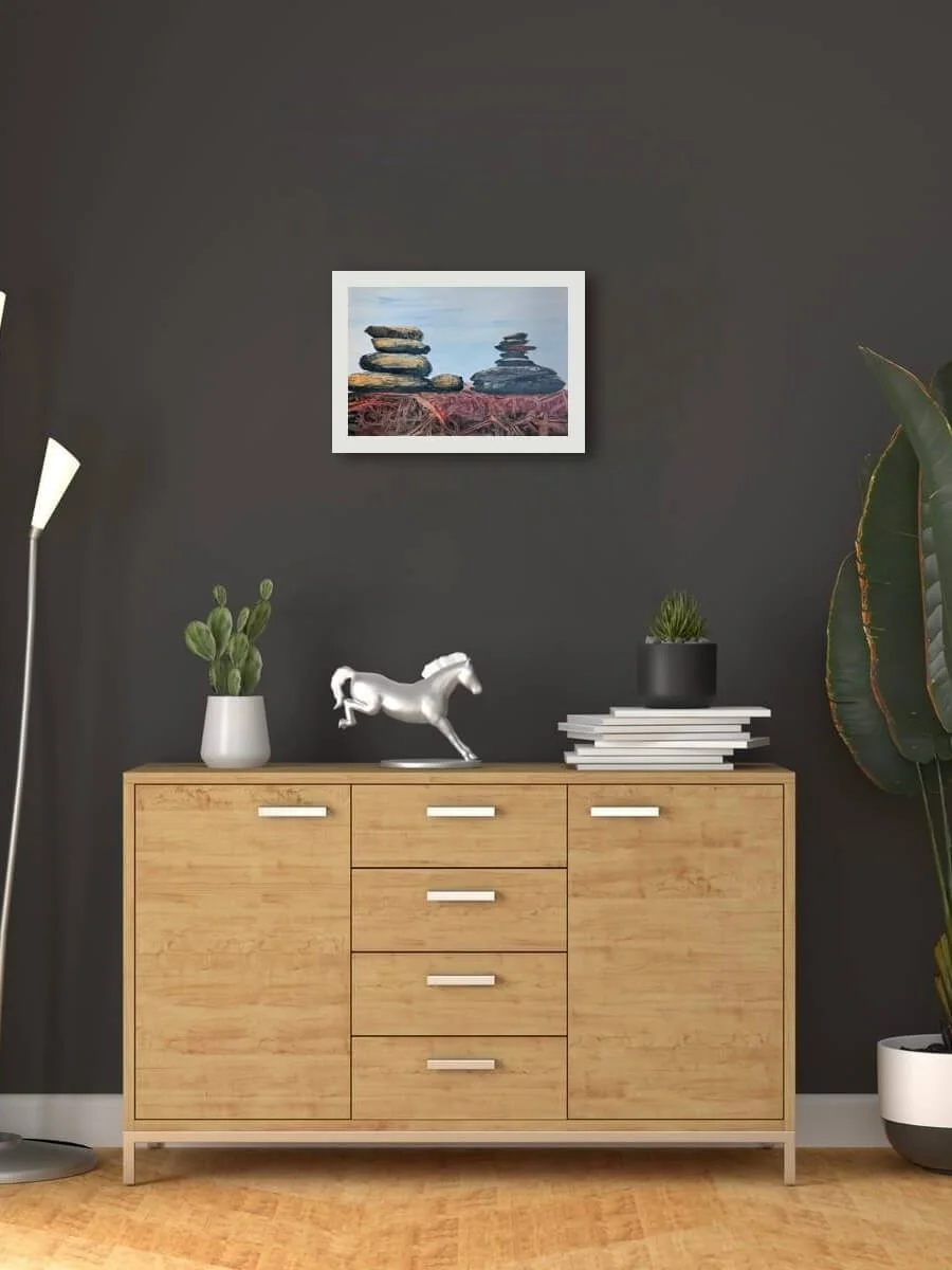 Witness Stones landscape painting by Andrew Bowers displayed in modern interior setting