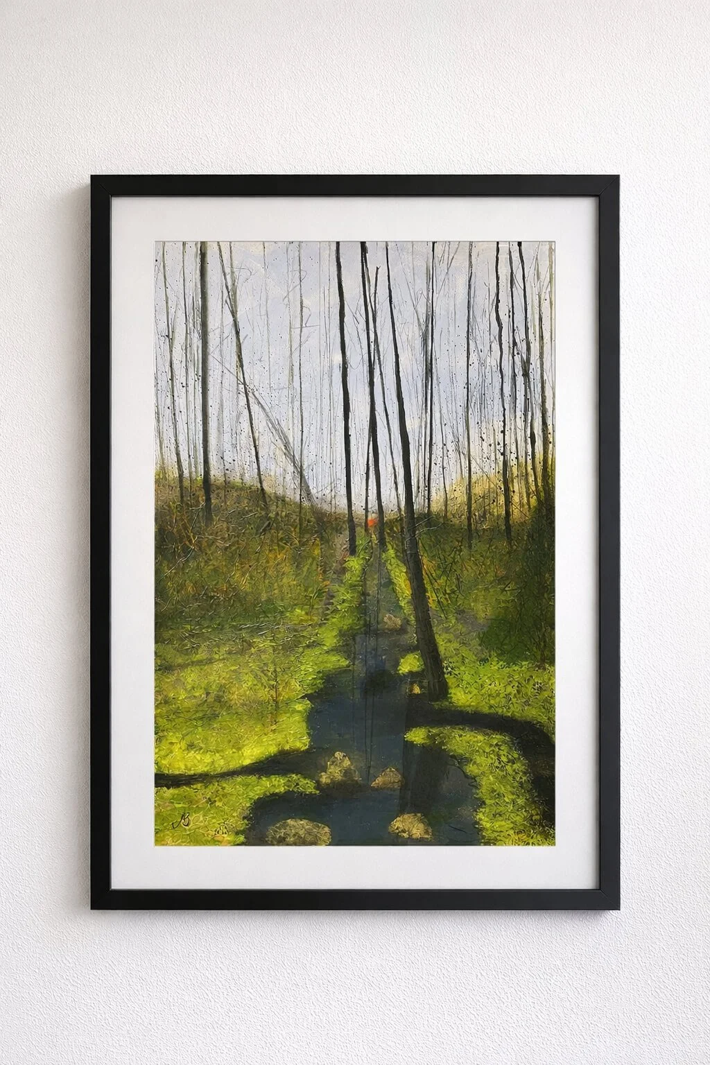 Woodland landscape painting Where Water Narrows by Andrew Bowers shown in a black frame