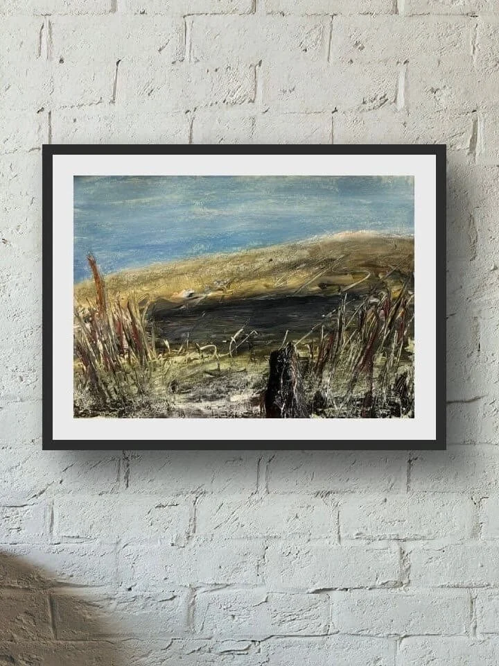 Standing Ground contemporary landscape painting by Andrew Bowers in black frame with off-white mount