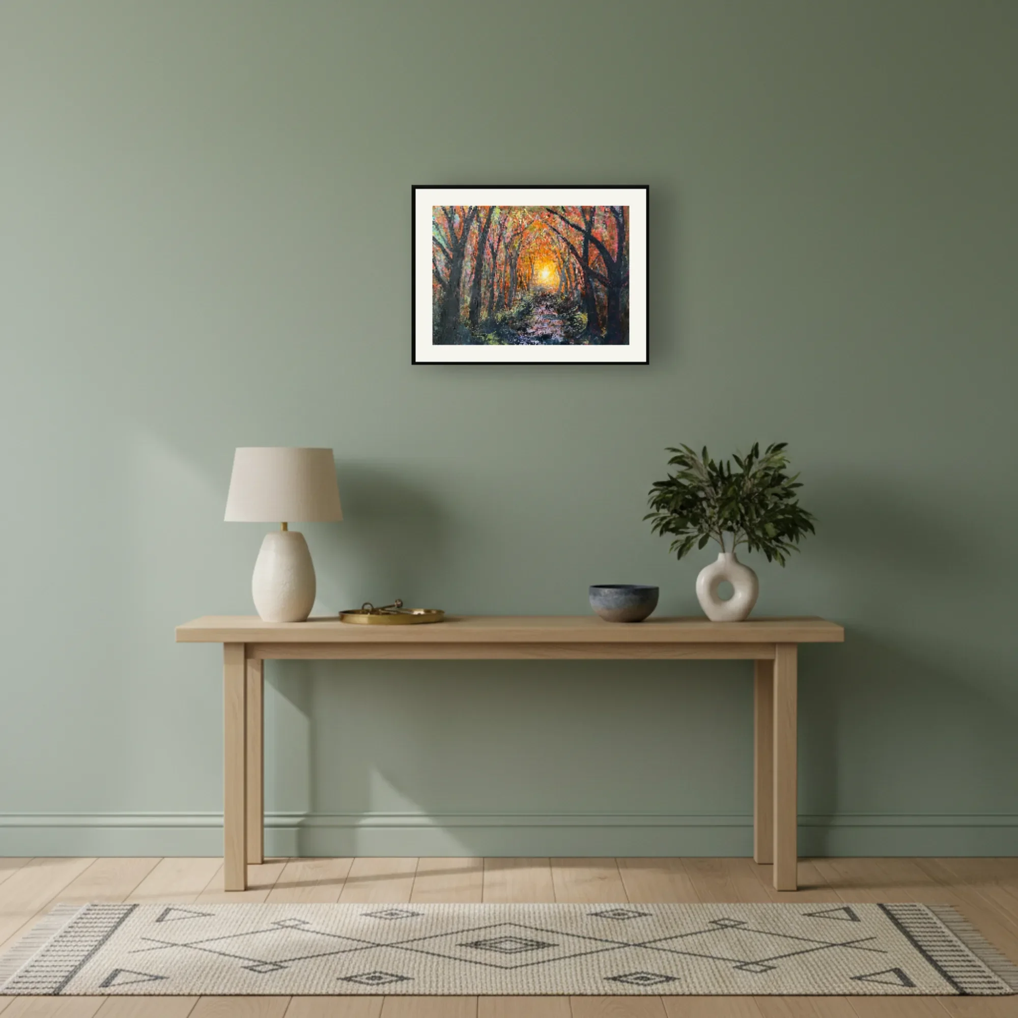 Forest Emberlight woodland painting displayed in a contemporary hallway
