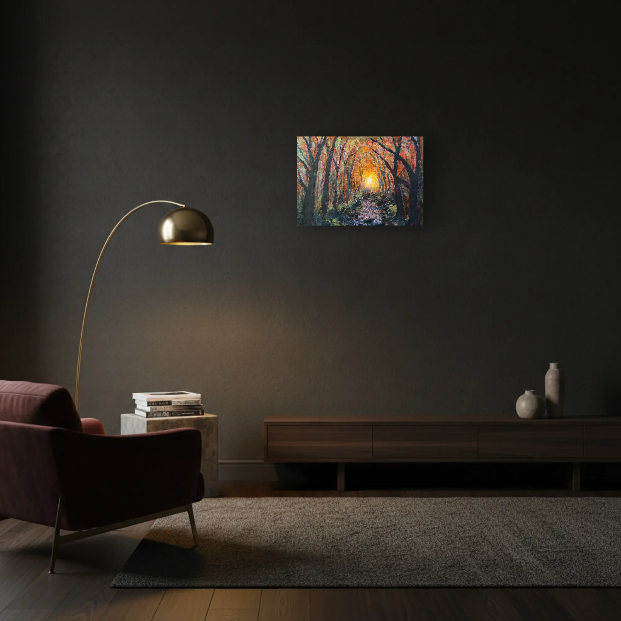 Forest Emberlight displayed in a dark atmospheric contemporary interior