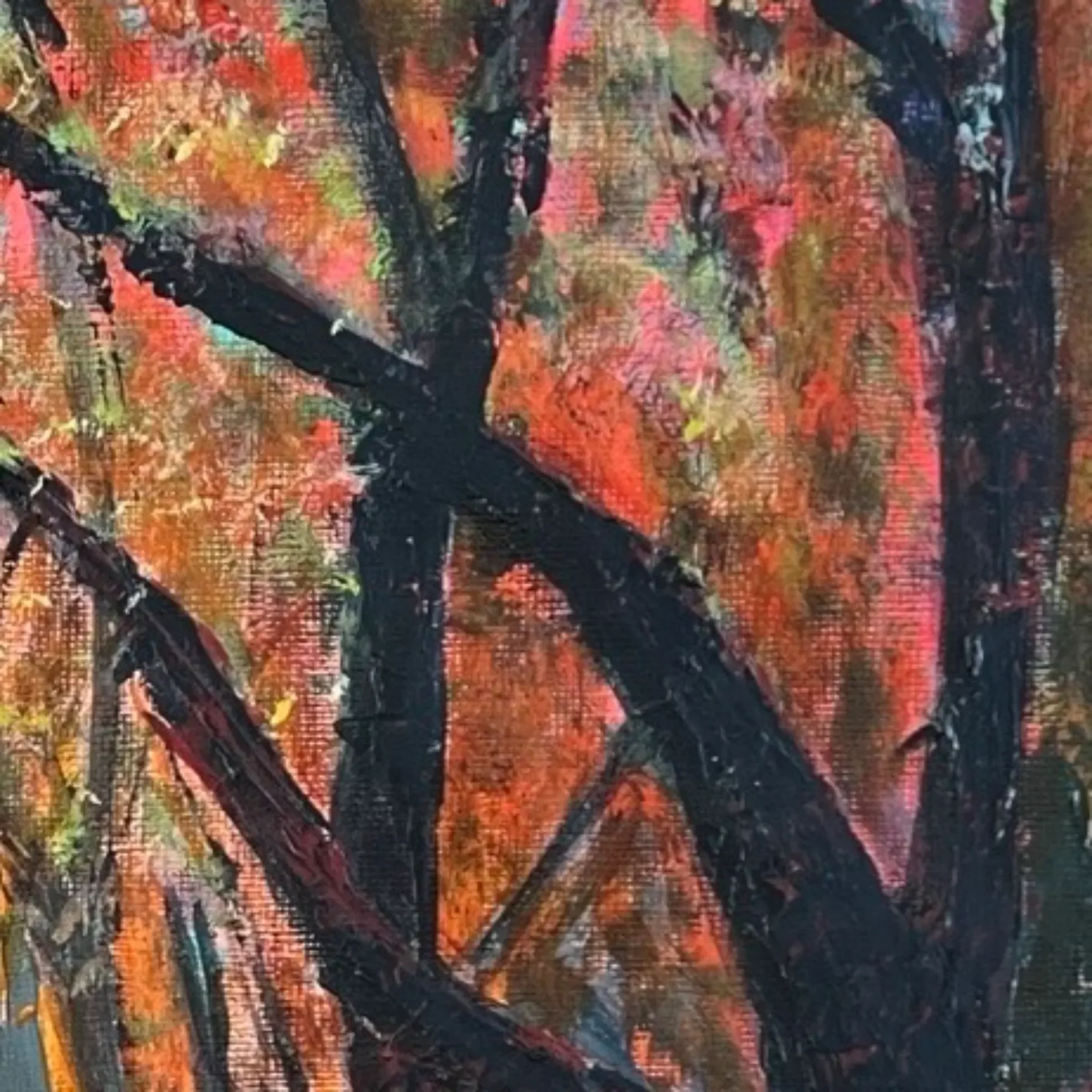 Expressive tree forms and rich red, orange and violet marks in Forest Emberlight