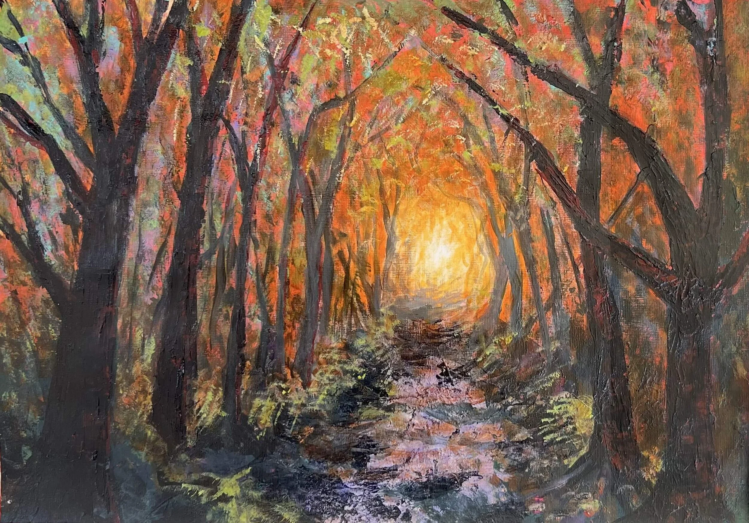 Forest Emberlight atmospheric woodland painting by Andrew Bowers