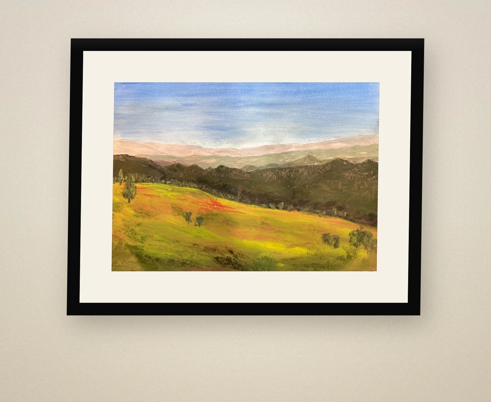 Held Light presented with an antique-white mount in a traditional black frame