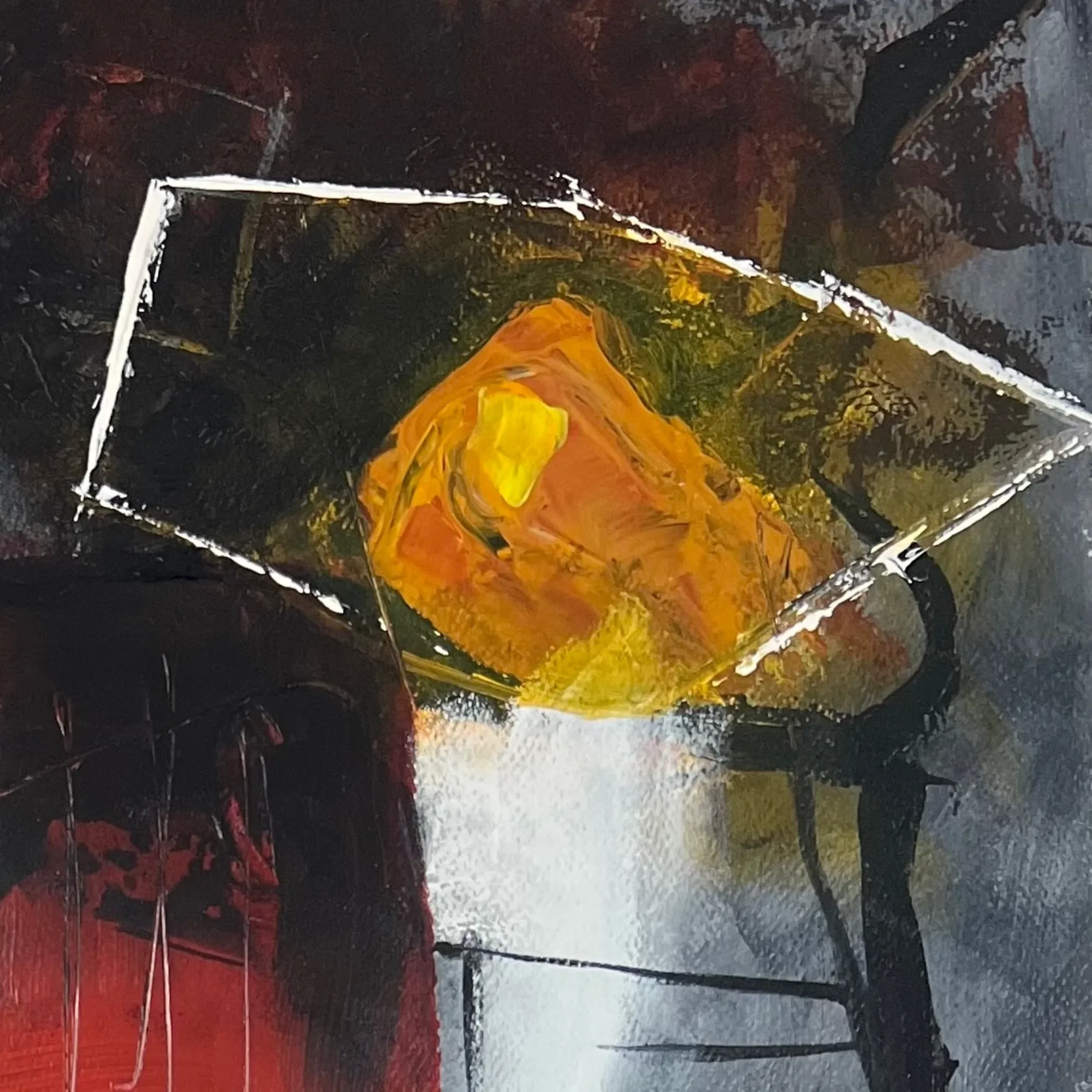 Close-up of layered red and charcoal acrylic forms in Held in Red by Andrew Bowers