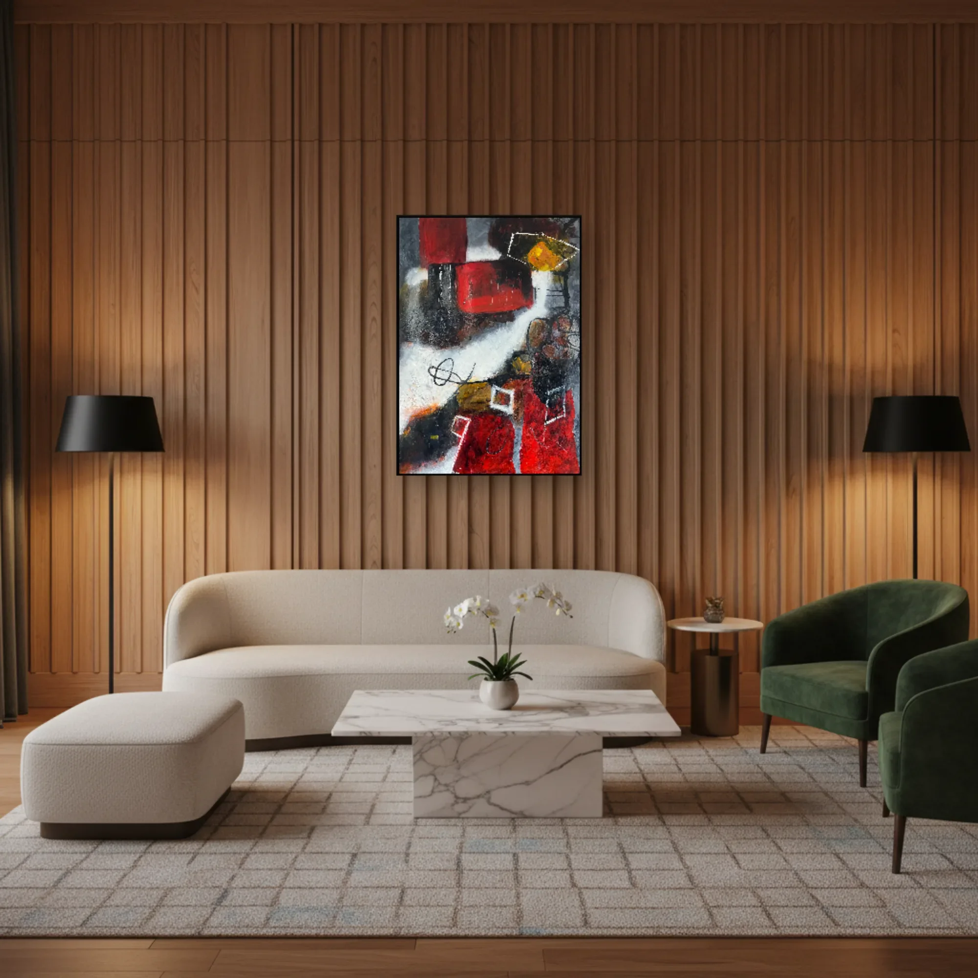 Held in Red abstract painting displayed in an elegant boutique-hotel interior