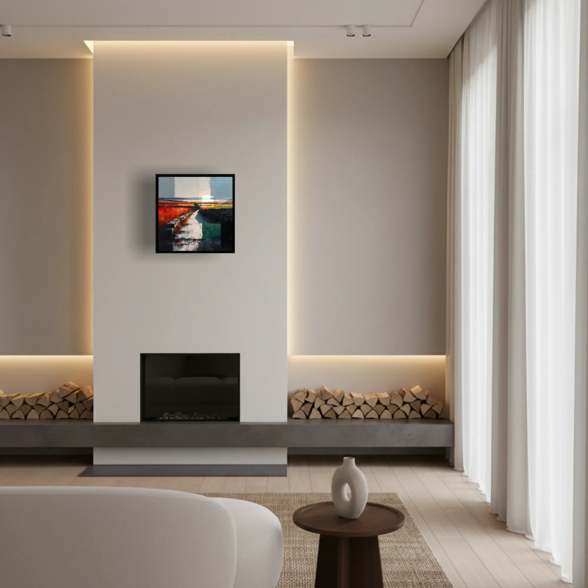 The Long Divide displayed above a fireplace in a living room